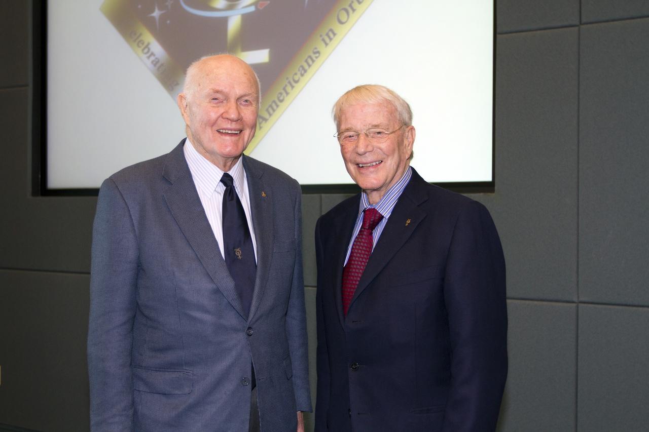 CAPE CANAVERAL, Fla. - Mercury astronauts John Glenn, left, and Scott Carpenter pose during a luncheon Feb. 17, 2012, celebrating 50 years of Americans in orbit, an era which began with Glenn's Mercury mission MA-6, on Feb. 20, 1962.  Glenn's launch aboard an Atlas rocket took with it the hopes of an entire nation and ushered in a new era of space travel that eventually led to Americans walking on the moon by the end of the 1960s. Glenn soon was followed into orbit by Scott Carpenter, Walter Schirra and Gordon Cooper. Their fellow Mercury astronauts Alan Shepard and Virgil "Gus" Grissom flew earlier suborbital flights. Deke Slayton, a member of NASA's original Mercury 7 astronauts, was grounded by a medical condition until the Apollo-Soyuz Test Project in 1975. Photo credit: NASA/Kim Shiflett