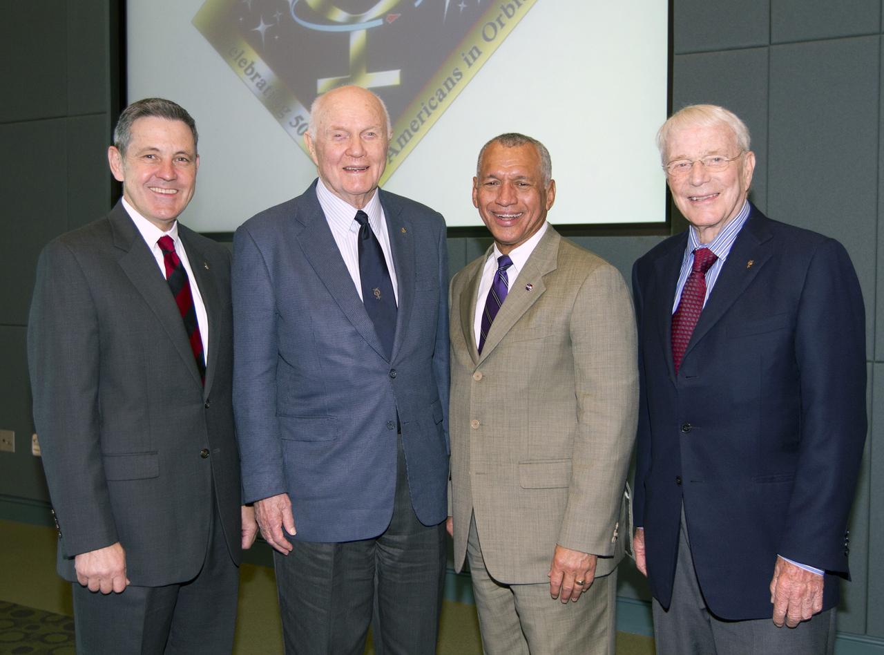CAPE CANAVERAL, Fla. - Kennedy Space Center Director Bob Cabana, from left, Mercury astronaut John Glenn, NASA Administrator Charles Bolden and Mercury astronaut Scott Carpenter pose during a luncheon Feb. 17, 2012, celebrating 50 years of Americans in orbit, an era which began with Glenn's Mercury mission MA-6, on Feb. 20, 1962.  Glenn's launch aboard an Atlas rocket took with it the hopes of an entire nation and ushered in a new era of space travel that eventually led to Americans walking on the moon by the end of the 1960s. Glenn soon was followed into orbit by Scott Carpenter, Walter Schirra and Gordon Cooper. Their fellow Mercury astronauts Alan Shepard and Virgil "Gus" Grissom flew earlier suborbital flights. Deke Slayton, a member of NASA's original Mercury 7 astronauts, was grounded by a medical condition until the Apollo-Soyuz Test Project in 1975. Photo credit: NASA/Kim Shiflett