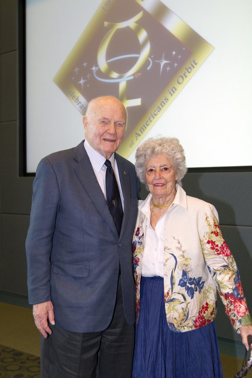 CAPE CANAVERAL, Fla. - Mercury astronaut John Glenn and his wife, Annie, pose during a luncheon Feb. 17, 2012, celebrating 50 years of Americans in orbit, an era which began with Glenn's Mercury mission MA-6, on Feb. 20, 1962.  Glenn's launch aboard an Atlas rocket took with it the hopes of an entire nation and ushered in a new era of space travel that eventually led to Americans walking on the moon by the end of the 1960s. Glenn soon was followed into orbit by Scott Carpenter, Walter Schirra and Gordon Cooper. Their fellow Mercury astronauts Alan Shepard and Virgil "Gus" Grissom flew earlier suborbital flights. Deke Slayton, a member of NASA's original Mercury 7 astronauts, was grounded by a medical condition until the Apollo-Soyuz Test Project in 1975. Photo credit: NASA/Kim Shiflett
