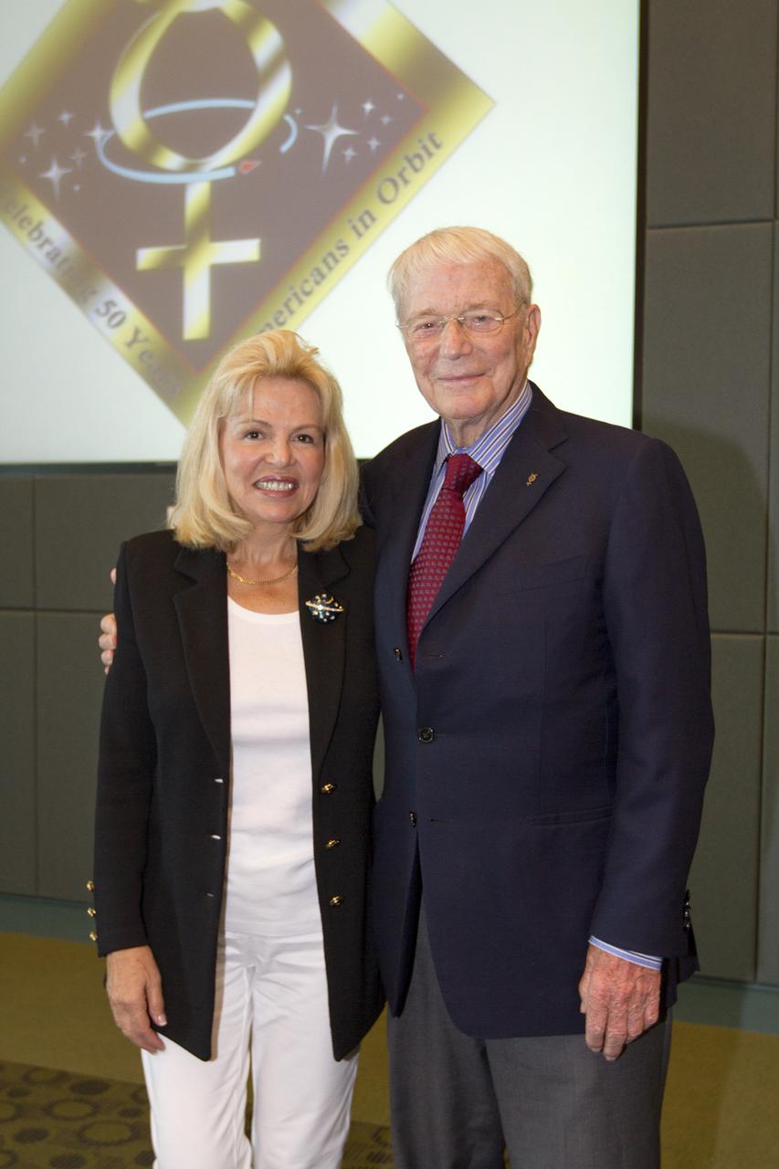 CAPE CANAVERAL, Fla. - Mercury astronaut Scott Carpenter and his wife, Patricia, pose during a luncheon Feb. 17, 2012, celebrating 50 years of Americans in orbit, an era which began with John Glenn's Mercury mission MA-6, on Feb. 20, 1962.  Glenn's launch aboard an Atlas rocket took with it the hopes of an entire nation and ushered in a new era of space travel that eventually led to Americans walking on the moon by the end of the 1960s. Glenn soon was followed into orbit by Carpenter, Walter Schirra and Gordon Cooper. Their fellow Mercury astronauts Alan Shepard and Virgil "Gus" Grissom flew earlier suborbital flights. Deke Slayton, a member of NASA's original Mercury 7 astronauts, was grounded by a medical condition until the Apollo-Soyuz Test Project in 1975. Photo credit: NASA/Kim Shiflett