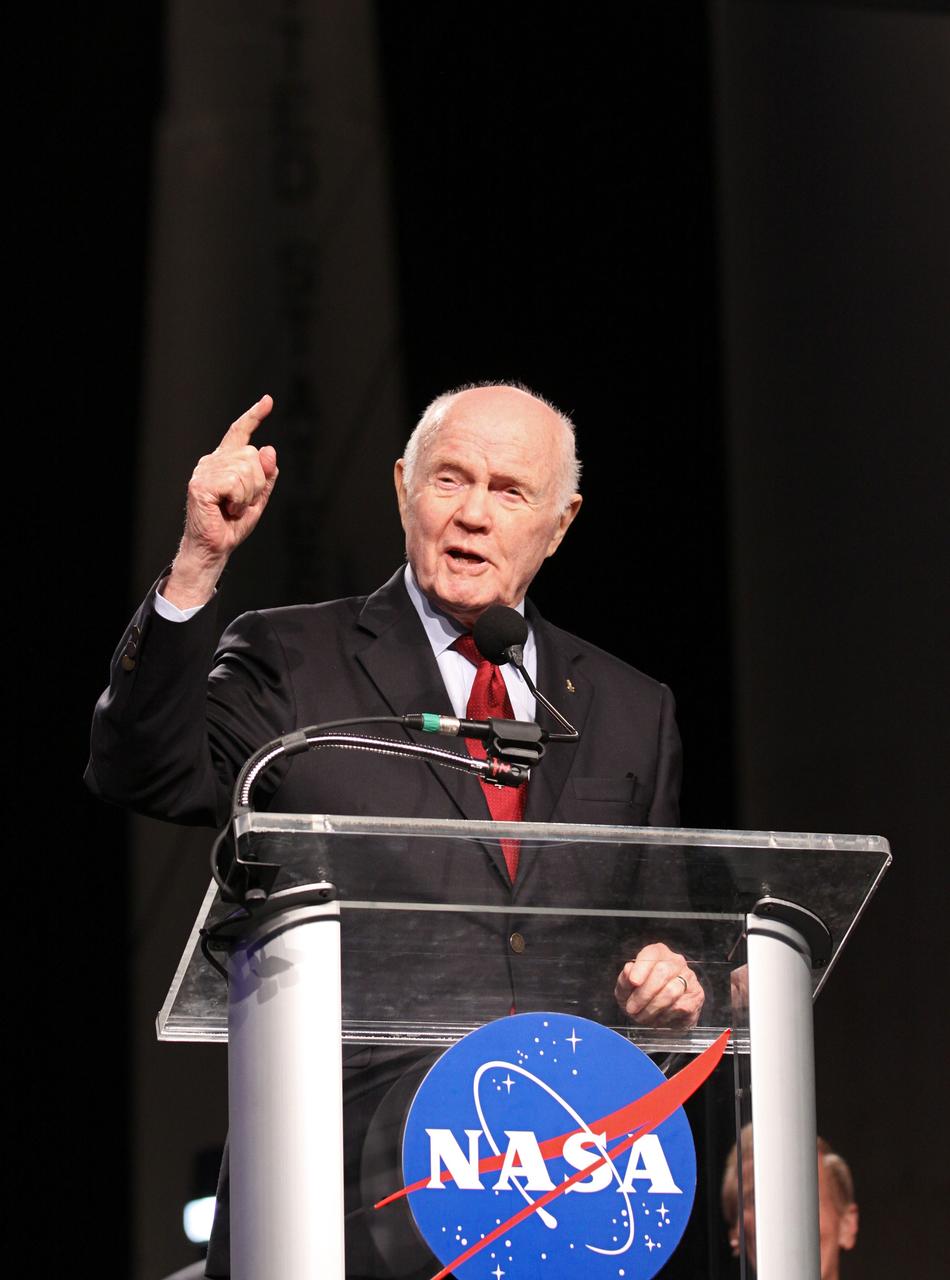 CAPE CANAVERAL, Fla. --Mercury astronaut John Glenn speaks during the "On Shoulders of Giants" program celebrating 50 years of Americans in orbit, an era which began with Glenn's MA-6 mission on Feb. 20, 1962. The event was conducted in the Rocket Garden at the Kennedy Space Center Visitor Complex in Florida a few miles from the launch pad where Glenn and Scott Carpenter took flight in Mercury spacecraft.  Glenn's launch aboard an Atlas rocket took with it the hopes of an entire nation and ushered in a new era of space travel that eventually led to Americans walking on the moon by the end of the 1960s. Glenn soon was followed into orbit by Scott Carpenter, Walter Schirra and Gordon Cooper. Their fellow Mercury astronauts Alan Shepard and Virgil "Gus" Grissom flew earlier suborbital flights. Deke Slayton, a member of NASA's original Mercury 7 astronauts, was grounded by a medical condition until the Apollo-Soyuz Test Project in 1975. Photo credit: Cory Huston