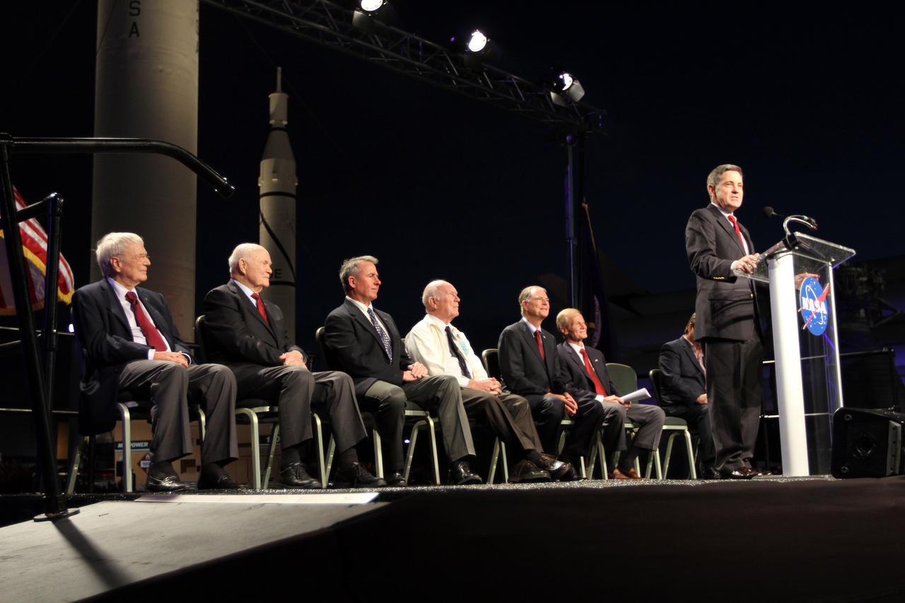 CAPE CANAVERAL, Fla. -- Kennedy Space Center Director Bob Cabana makes remarks during the "On Shoulders of Giants" program celebrating 50 years of Americans in orbit, an era which began with John Glenn's MA-6 mission on Feb. 20, 1962. The event was conducted in the Rocket Garden at the Kennedy Space Center Visitor Complex in Florida a few miles from the launch pad where Glenn and Scott Carpenter took flight in Mercury spacecraft.  Glenn's launch aboard an Atlas rocket took with it the hopes of an entire nation and ushered in a new era of space travel that eventually led to Americans walking on the moon by the end of the 1960s. Glenn soon was followed into orbit by Scott Carpenter, Walter Schirra and Gordon Cooper. Their fellow Mercury astronauts Alan Shepard and Virgil "Gus" Grissom flew earlier suborbital flights. Deke Slayton, a member of NASA's original Mercury 7 astronauts, was grounded by a medical condition until the Apollo-Soyuz Test Project in 1975. Photo credit: Kim Shiflett