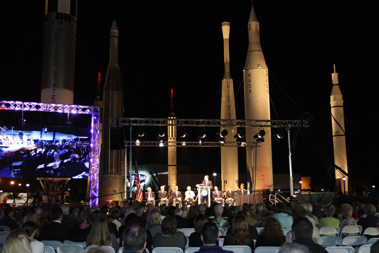 CAPE CANAVERAL, Fla. --A crowd looks on during the "On Shoulders of Giants" program celebrating 50 years of Americans in orbit, an era which began with John Glenn's MA-6 mission on Feb. 20, 1962. The event was conducted in the Rocket Garden at the Kennedy Space Center Visitor Complex in Florida a few miles from the launch pad where Glenn and Scott Carpenter took flight in Mercury spacecraft.  Glenn's launch aboard an Atlas rocket took with it the hopes of an entire nation and ushered in a new era of space travel that eventually led to Americans walking on the moon by the end of the 1960s. Glenn soon was followed into orbit by Scott Carpenter, Walter Schirra and Gordon Cooper. Their fellow Mercury astronauts Alan Shepard and Virgil "Gus" Grissom flew earlier suborbital flights. Deke Slayton, a member of NASA's original Mercury 7 astronauts, was grounded by a medical condition until the Apollo-Soyuz Test Project in 1975. Photo credit: Kim Shiflett