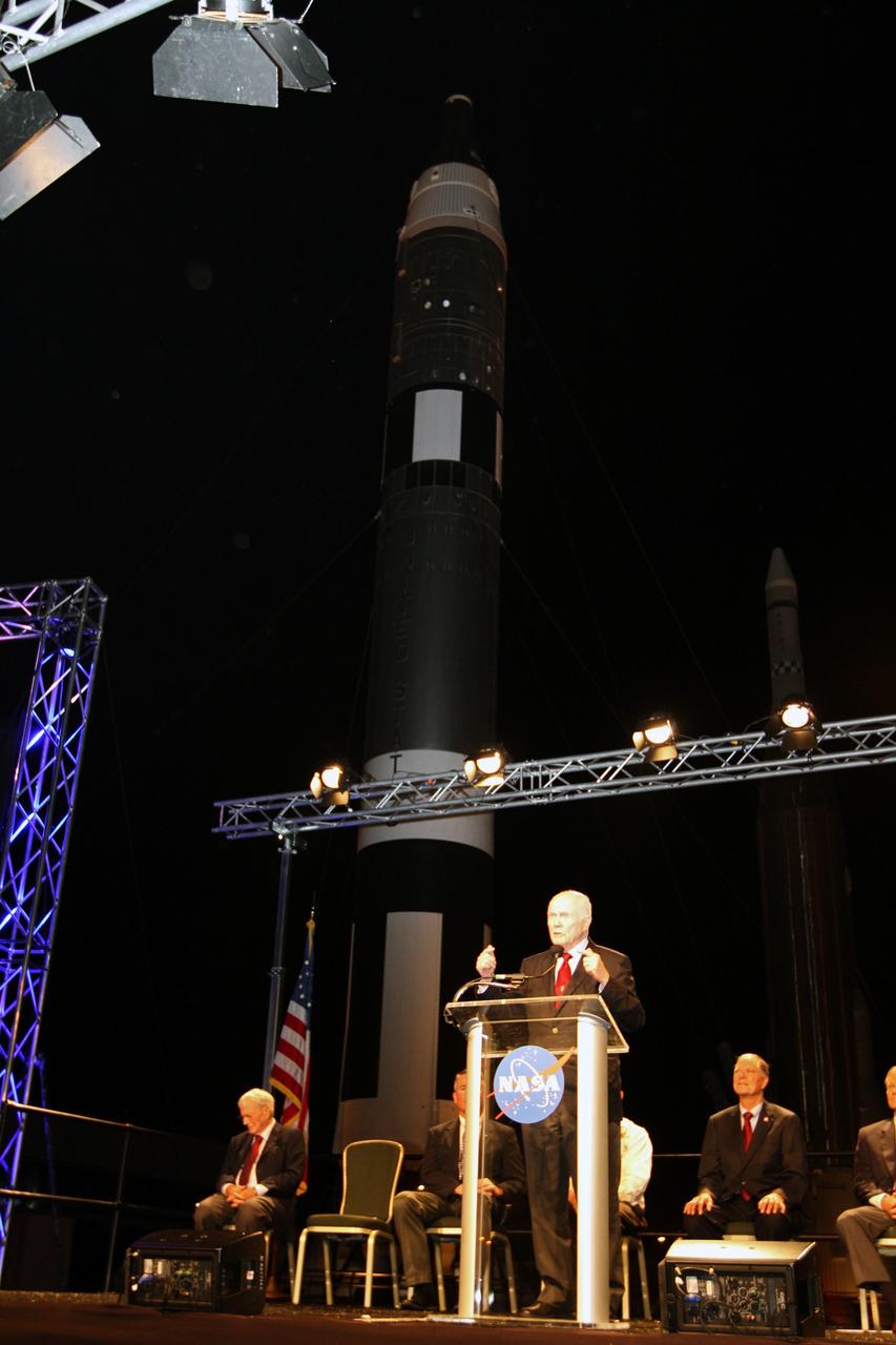 CAPE CANAVERAL, Fla. -- Mercury astronaut John Glenn speaks during the "On Shoulders of Giants" program celebrating 50 years of Americans in orbit, an era which began with Glenn's MA-6 mission on Feb. 20, 1962. The event was conducted in the Rocket Garden at the Kennedy Space Center Visitor Complex in Florida a few miles from the launch pad where Glenn and Scott Carpenter took flight in Mercury spacecraft.  Glenn's launch aboard an Atlas rocket took with it the hopes of an entire nation and ushered in a new era of space travel that eventually led to Americans walking on the moon by the end of the 1960s. Glenn soon was followed into orbit by Scott Carpenter, Walter Schirra and Gordon Cooper. Their fellow Mercury astronauts Alan Shepard and Virgil "Gus" Grissom flew earlier suborbital flights. Deke Slayton, a member of NASA's original Mercury 7 astronauts, was grounded by a medical condition until the Apollo-Soyuz Test Project in 1975. Photo credit: Kim Shiflett