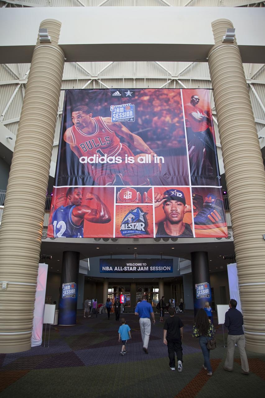 ORLANDO, Fla. -- Visitors enter the Orange County Convention Center in Orlando, Fla., for the NBA All-Star Jam Session. Representatives from NASA's Kennedy Space Center in Florida were available to highlight some of the contributions the space agency has made to sports, transportation and everyday life.     One of the events leading up to the NBA All-Star game being held in Orlando on Feb. 26, the NBA All-Star Jam Session is a basketball experience intended for all ages, allowing fans to compete against their friends in skills challenges and collect autographs from players and legends. Photo credit: NASA/Frankie Martin