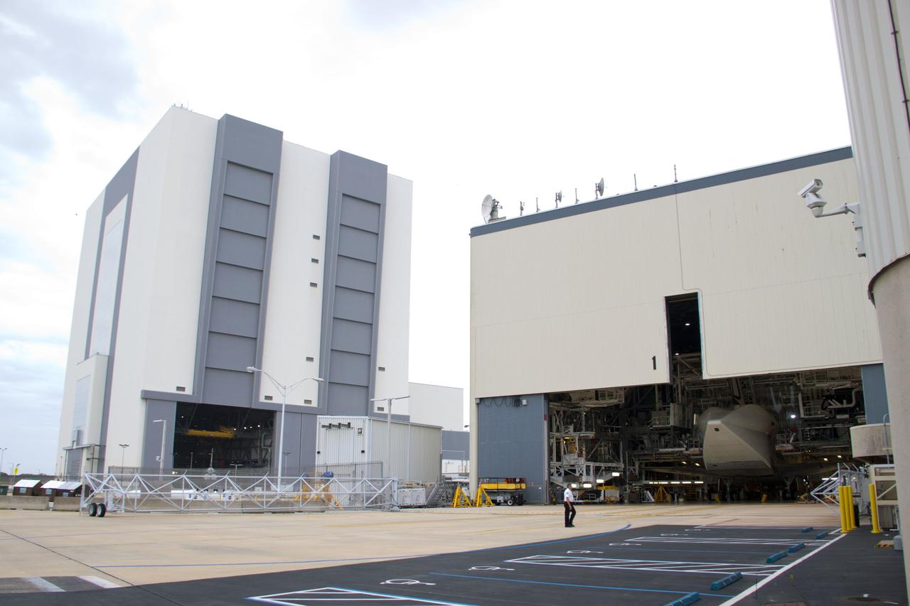 CAPE CANAVERAL, Fla. – Inside Orbiter Processing Facility-1 at NASA’s Kennedy Space Center in Florida, space shuttle Discovery is being readied for its move to the Vehicle Assembly Building VAB. The aft view of Discovery reveals the tail cone that covers the three replica shuttle main engines. The work is part of the Space Shuttle Program’s transition and retirement processing of shuttle Discovery, which is being prepared for display at Smithsonian’s National Air and Space Museum, Steven F. Udvar-Hazy Center in Chantilly, Va. Discovery will remain in high bay 4 of the VAB until its scheduled transport atop a NASA Shuttle Carrier Aircraft modified 747 jet to Dulles International Airport in Virginia on April 17. Discovery will then be transported to the Smithsonian on April 19. For more information, visit http://www.nasa.gov/shuttle. Photo credit: NASA/Jim Grossmann