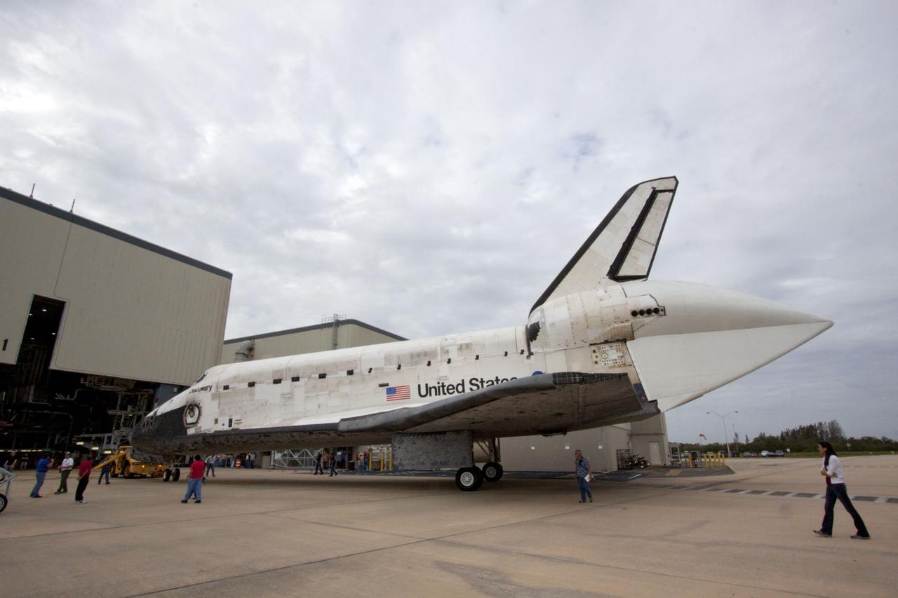 CAPE CANAVERAL, Fla. – At NASA’s Kennedy Space Center in Florida, space shuttle Discovery has been completely backed out of Orbiter Processing Facility-1 in preparation for its move to the Vehicle Assembly Building VAB. The aft view of Discovery reveals the tail cone that covers the three replica shuttle main engines. The work is part of the Space Shuttle Program’s transition and retirement processing of shuttle Discovery, which is being prepared for display at Smithsonian’s National Air and Space Museum, Steven F. Udvar-Hazy Center in Chantilly, Va. Discovery will remain in high bay 4 of the VAB until its scheduled transport atop a NASA Shuttle Carrier Aircraft modified 747 jet to Dulles International Airport in Virginia on April 17. Discovery will then be transported to the Smithsonian on April 19. For more information, visit http://www.nasa.gov/shuttle. Photo credit: NASA/Jim Grossmann