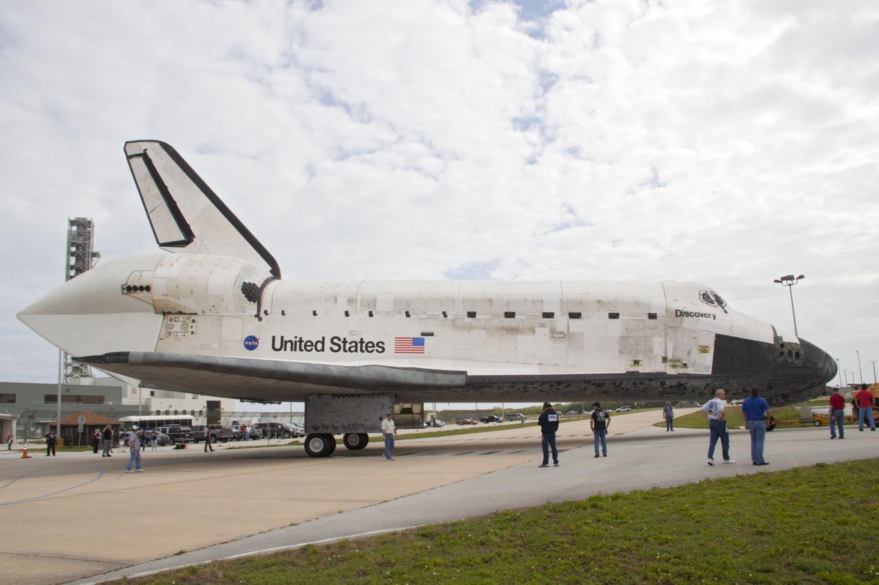 CAPE CANAVERAL, Fla. – At NASA’s Kennedy Space Center in Florida, space shuttle Discovery is towed to the Vehicle Assembly Building VAB after being towed out of Orbiter Processing Facility-1. The work is part of the Space Shuttle Program’s transition and retirement processing of shuttle Discovery, which is being prepared for display at Smithsonian’s National Air and Space Museum, Steven F. Udvar-Hazy Center in Chantilly, Va. Discovery will remain in high bay 4 of the VAB until its scheduled transport atop a NASA Shuttle Carrier Aircraft modified 747 jet to Dulles International Airport in Virginia on April 17. Discovery will then be transported to the Smithsonian on April 19. For more information, visit http://www.nasa.gov/shuttle. Photo credit: NASA/Jim Grossmann