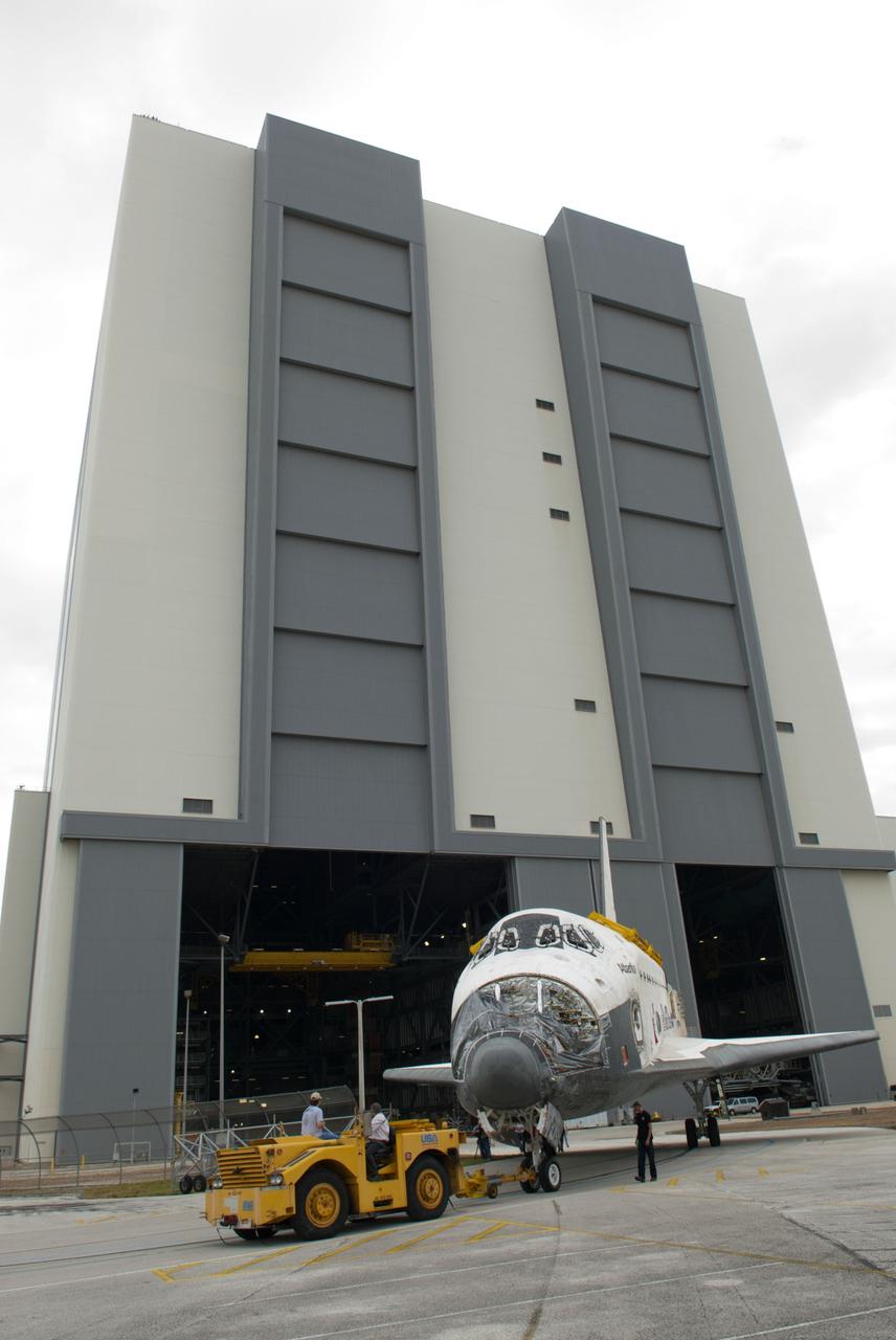 CAPE CANAVERAL, Fla. – At NASA’s Kennedy Space Center in Florida, space shuttle Atlantis is towed out of the Vehicle Assembly Building and over to Orbiter Processing Facility-1. Atlantis’ forward reaction control system, orbiter maneuvering system pods and three space shuttle main engines have been removed. The work is part of the Space Shuttle Program’s transition and retirement processing of the three space shuttles. Atlantis is being prepared for display at the Kennedy Space Center Visitor Complex and is scheduled to rollover to the complex in November. Photo credit: NASA/Tim Jacobs