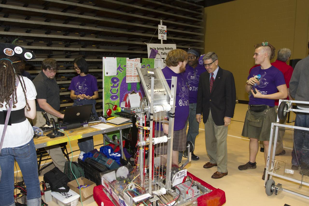 ORLANDO, Fla. -- NASA Kennedy Space Center Director Bob Cabana talks with members of Team 3502, called "The Octo Pie-Rates," which is participating in the regional FIRST robotics competition at the University of Central Florida in Orlando, Fla. The team is made up of students from the School for Arts and Innovative Learning SAIL High School in Tallahassee. More than 60 high school teams took part in the competition called "For Inspiration and Recognition of Science and Technology," or FIRST, in hopes of advancing to the national robotics championship. This year, the competition resembled a basketball game and was dubbed "Rebound Rumble." The game measured the effectiveness of each robot, the power of collaboration and the determination of the teams.    FIRST, founded in 1989, is a non-profit organization that designs accessible, innovative programs to build self-confidence, knowledge and life skills while motivating young people to pursue academic opportunities. The robotics competition challenges teams of high school students and their mentors to solve a common problem in a six-week timeframe using a standard kit of parts and a common set of rules. NASA is the largest sponsor of the international program. Kennedy Space Center is a sponsor of the regional event. For more information on Kennedy's education events and initiatives, go to http://www.nasa.gov/offices/education/centers/kennedy/home/index.html. Photo credit: NASA/Kim Shiflett