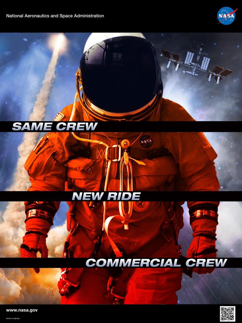 CAPE CANAVERAL, Fla. -- This is a printable version of NASA's "Same Crew, New Ride" poster depicting an artist's conception of NASA's Commercial Crew Program CCP. The poster features a NASA astronaut in the foreground with a vehicle launching toward the International Space Station in the background. CCP is investing in the aerospace industry and helping multiple companies design and develop crew transportation systems that could be capable of flying to the space station and other low Earth orbit destinations. The program is meant to accelerate a United States-led capability to the station where critical scientific work is being performed for use in applications here on Earth. CCP is expected to drive down the cost of space travel as well as open up space to more people than ever before by balancing industry’s own innovative capabilities with NASA's 50 years of human spaceflight experience. For more information, visit www.nasa.gov/commercialcrew. Poster designed by Kennedy Space Center Graphics Department/Greg Lee. Credit: NASA