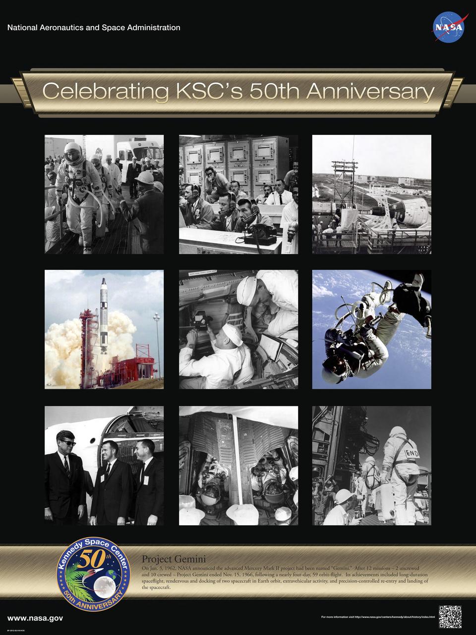 Project Gemini:  On Jan. 3, 1962, NASA announced the advanced Mercury Mark II project had been named "Gemini."  After 12 missions – 2 uncrewed and 10 crewed – Project Gemini ended Nov. 15, 1966, following a nearly four-day, 59 orbit-flight.  Its achievements included long-duration spaceflight, rendezvous and docking of two spacecraft in Earth orbit, extravehicular activity, and precision-controlled re-entry and landing of the spacecraft.         Poster designed by Kennedy Space Center Graphics Department/Greg Lee. Credit: NASA