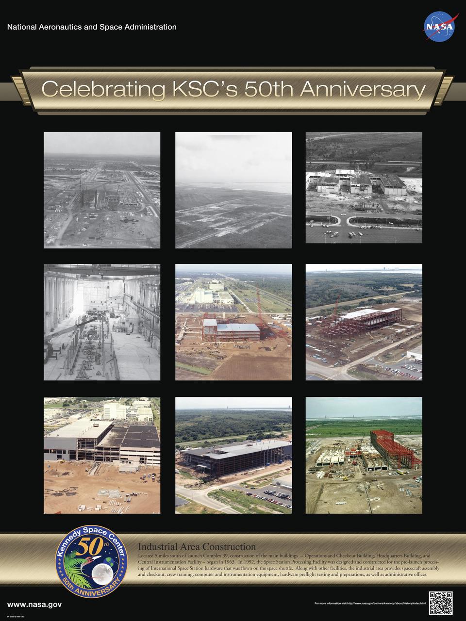 Industrial Area Construction: Located 5 miles south of Launch Complex 39, construction of the main buildings -- Operations and Checkout Building, Headquarters Building, and Central Instrumentation Facility – began in 1963. In 1992, the Space Station Processing Facility was designed and constructed for the pre-launch processing of International Space Station hardware that was flown on the space shuttle. Along with other facilities, the industrial area provides spacecraft assembly and checkout, crew training, computer and instrumentation equipment, hardware preflight testing and preparations, as well as administrative offices. Poster designed by Kennedy Space Center Graphics Department/Greg Lee. Credit: NASA