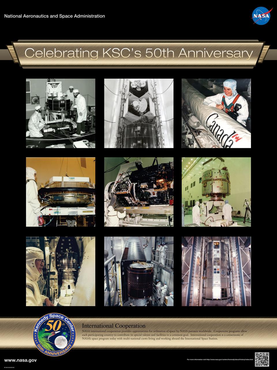 International Cooperation: NASA international cooperation provides opportunities for utilization of space by NASA partners worldwide. Cooperative programs allow each participating country to contribute its special talents and facilities to a common goal. International cooperation is a cornerstone of NASA’s space program today with multi-national crews living and working aboard the International Space Station. Poster designed by Kennedy Space Center Graphics Department/Greg Lee. Credit: NASA