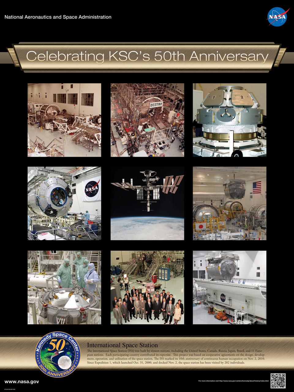 International Space Station: The International Space Station, or ISS, was built by sixteen nations, including the United States, Canada, Russia, Japan, Brazil, and 11 European nations. Each participating country contributed its expertise. This project was based on cooperative agreements on the design, development, operation, and utilization of the space station. The ISS marked its 10th anniversary of continuous human occupation on Nov. 2, 2010. Since Expedition 1, which launched Oct. 31, 2000, and docked Nov. 2, the space station has been visited by 202 individuals. Poster designed by Kennedy Space Center Graphics Department/Greg Lee. Credit: NASA