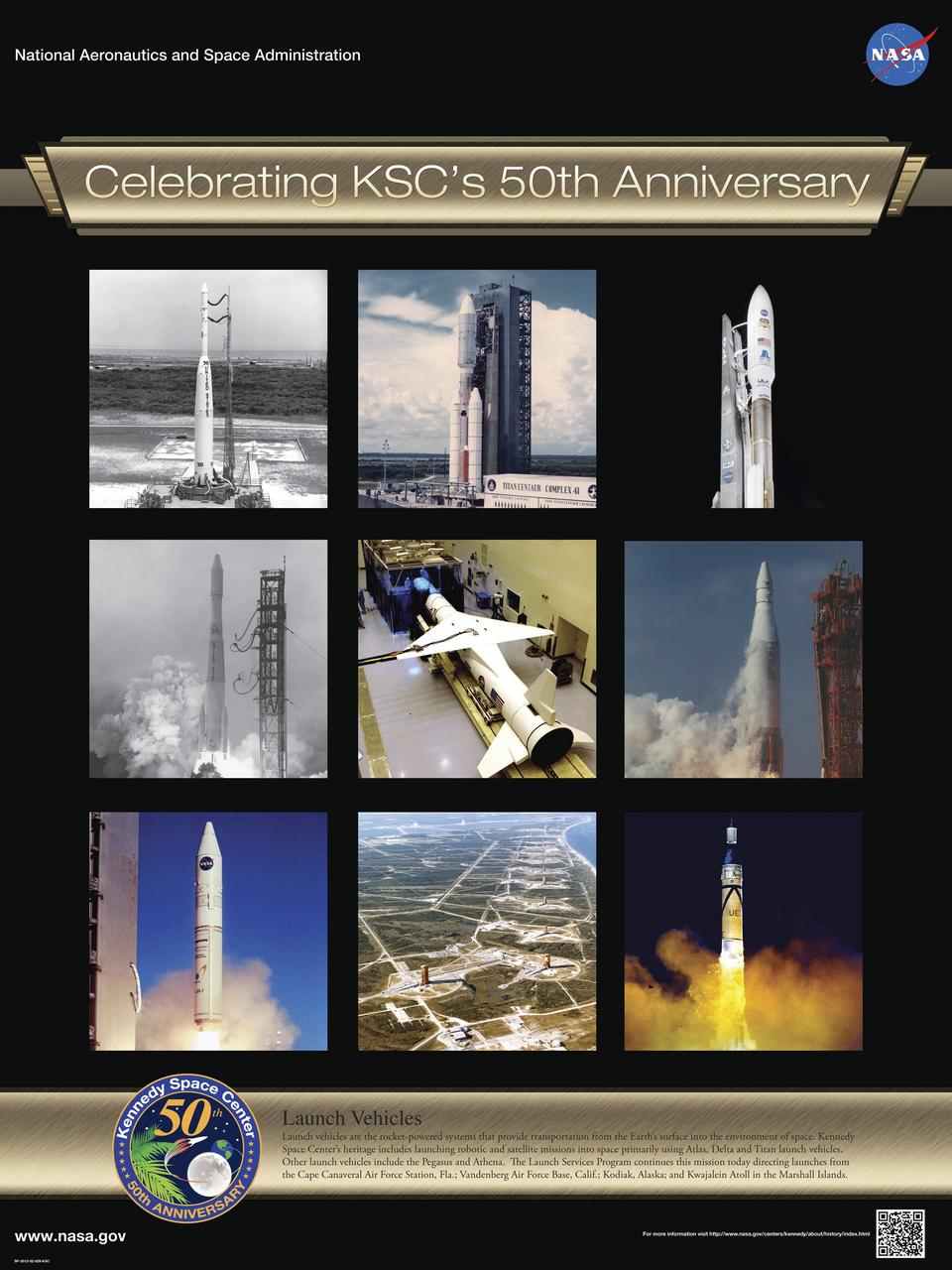 Launch Vehicles: Launch vehicles are the rocket-powered systems that provide transportation from the Earth’s surface into the environment of space. Kennedy Space Center’s heritage includes launching robotic and satellite missions into space primarily using Atlas, Delta and Titan launch vehicles. Other launch vehicles include the Pegasus and Athena. The Launch Services Program continues this mission today directing launches from the Cape Canaveral Air Force Station, Fla. Vandenberg Air Force Base, Calif. Kodiak, Alaska and Kwajalein Atoll in the Marshall Islands. Poster designed by Kennedy Space Center Graphics Department/Greg Lee. Credit: NASA