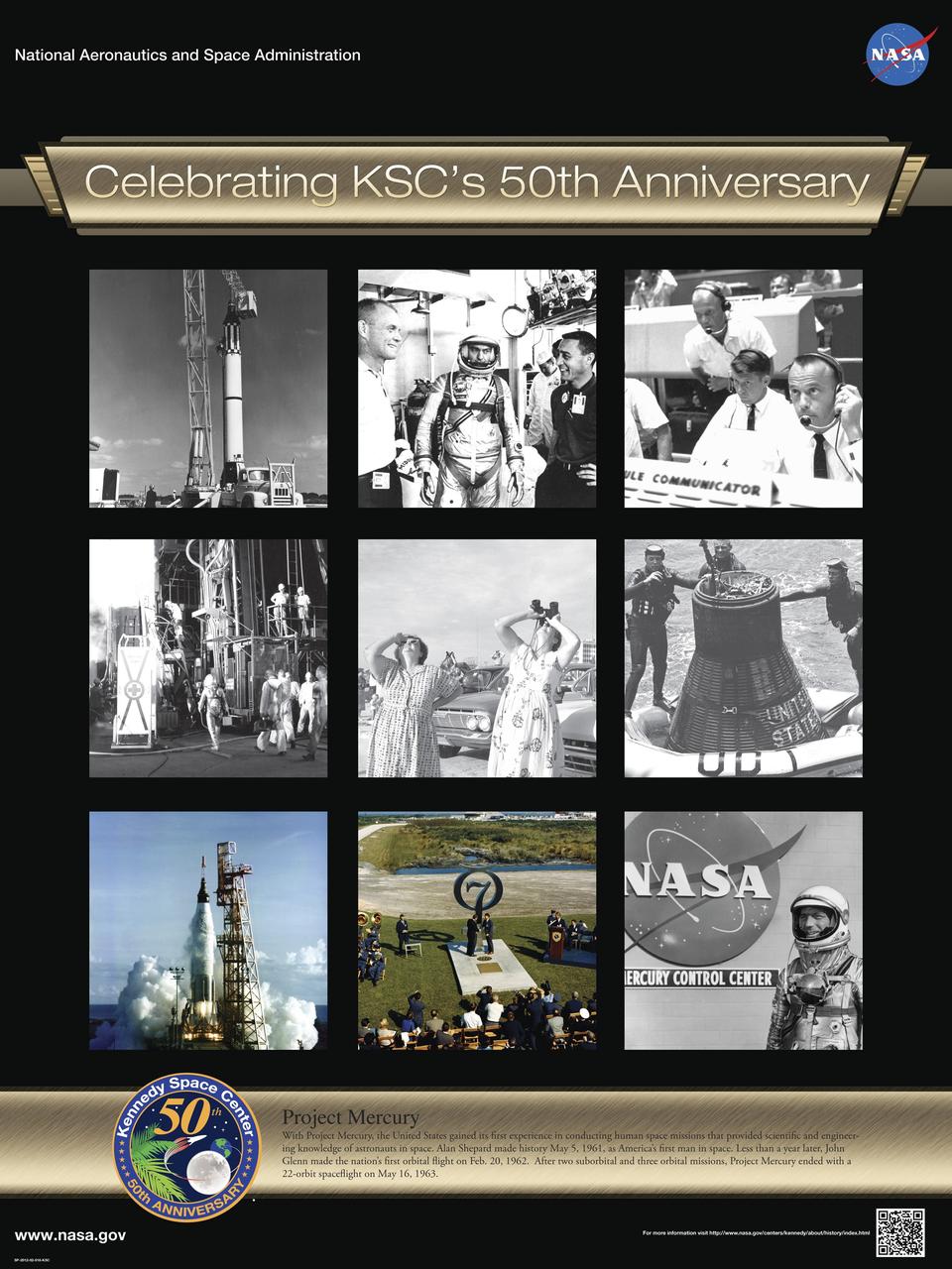Project Mercury:  With Project Mercury, the United States gained its first experience in conducting human space missions that provided scientific and engineering knowledge of astronauts in space. Alan Shepard made history May 5, 1961, as America's first man in space. Less than a year later, John Glenn made the nation’s first orbital flight on Feb. 20, 1962.  After two suborbital and three orbital missions, Project Mercury ended with a 22-orbit spaceflight on May 16, 1963.      Poster designed by Kennedy Space Center Graphics Department/Greg Lee. Credit: NASA