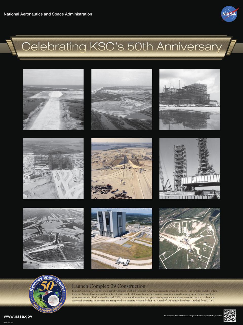 Launch Complex 39 Construction: Launch Complex 39 LC-39 was originally designed and built to launch American astronauts toward the moon. The complex stretches inland from the Atlantic Ocean across four miles of what, until 1963, was a land of intermittent marshes and sandy scrub growth. In less than four years, starting with 1963 and ending with 1966, it was transformed into an operational spaceport embodying a mobile concept: rockets and spacecraft are erected in one area and transported to a separate location for launch. A total of 153 vehicles have been launched from LC-39. Poster designed by Kennedy Space Center Graphics Department/Greg Lee. Credit: NASA