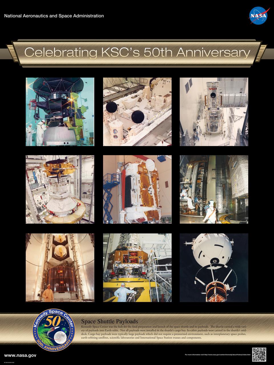 Space Shuttle Payloads: Kennedy Space Center was the hub for the final preparation and launch of the space shuttle and its payloads. The shuttle carried a wide variety of payloads into Earth orbit. Not all payloads were installed in the shuttle's cargo bay. In-cabin payloads were carried in the shuttle's middeck. Cargo bay payloads were typically large payloads which did not require a pressurized environment, such as interplanetary space probes, earth-orbiting satellites, scientific laboratories and International Space Station trusses and components. Poster designed by Kennedy Space Center Graphics Department/Greg Lee. Credit: NASA