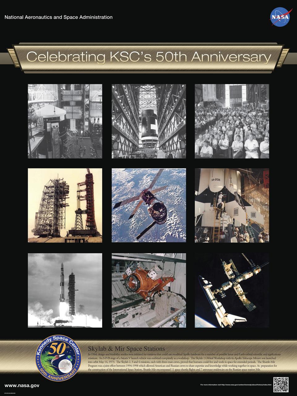 Skylab and Mir Space Stations:  In 1964, design and feasibility studies were initiated for missions that could use modified Apollo hardware for a number of possible lunar and Earth-orbital scientific and applications missions.  An S-IVB stage of a Saturn V launch vehicle was outfitted completely as a workshop.  The Skylab 1 Orbital Workshop with its Apollo Telescope Mount was launched into orbit May 14, 1973.  The Skylab 2, 3 and 4 missions, each with three-man crews, proved that humans could live and work in space for extended periods.  The Shuttle-Mir Program was a joint effort between 1994-1998 which allowed American and Russian crews to share expertise and knowledge while working together in space. As  preparation for the construction of the International Space Station, Shuttle-Mir encompassed 11 space shuttle flights and 7 astronaut residencies on the Russian space station Mir.     Poster designed by Kennedy Space Center Graphics Department/Greg Lee. Credit: NASA