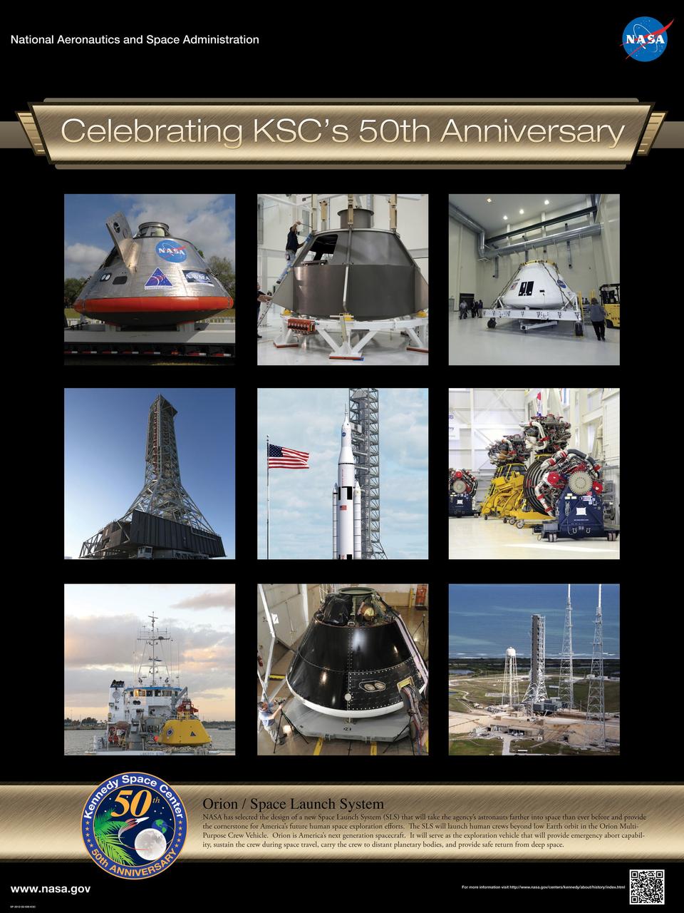 Orion / Space Launch System: NASA has selected the design of a new Space Launch System SLS that will take the agency's astronauts farther into space than ever before and provide the cornerstone for America's future human space exploration efforts. The SLS will launch human crews beyond low Earth orbit in the Orion Multi-Purpose Crew Vehicle. Orion is America’s next generation spacecraft. It will serve as the exploration vehicle that will provide emergency abort capability, sustain the crew during space travel, carry the crew to distant planetary bodies, and provide safe return from deep space. Poster designed by Kennedy Space Center Graphics Department/Greg Lee. Credit: NASA