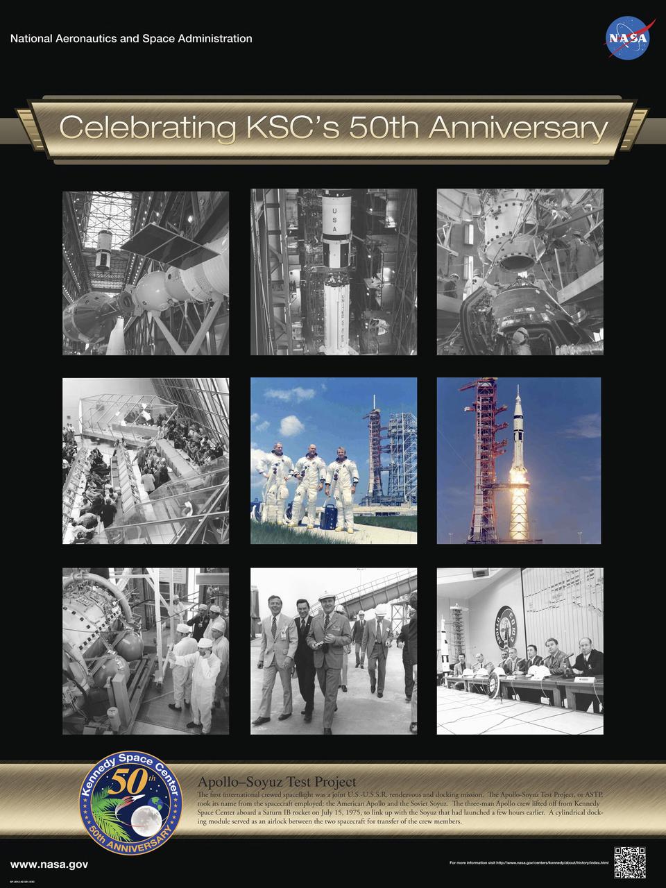 Apollo-Soyuz Test Project: The first international crewed spaceflight was a joint U.S.-U.S.S.R. rendezvous and docking mission. The Apollo-Soyuz Test Project, or ASTP, took its name from the spacecraft employed: the American Apollo and the Soviet Soyuz. The three-man Apollo crew lifted off from Kennedy Space Center aboard a Saturn IB rocket on July 15, 1975, to link up with the Soyuz that had launched a few hours earlier. A cylindrical docking module served as an airlock between the two spacecraft for transfer of the crew members. Poster designed by Kennedy Space Center Graphics Department/Greg Lee. Credit: NASA