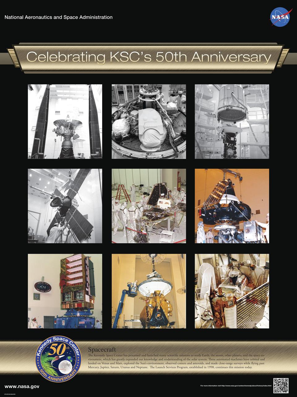 Spacecraft: The Kennedy Space Center has processed and launched many scientific missions to study Earth, the moon, other planets, and the space environment, which has greatly expanded our knowledge and understanding of the solar system. These automated machines have orbited and landed on Venus and Mars, explored the Sun’s environment, observed comets and asteroids, and made close-range surveys while flying past Mercury, Jupiter, Saturn, Uranus and Neptune. The Launch Services Program, established in 1998, continues this mission today. Poster designed by Kennedy Space Center Graphics Department/Greg Lee. Credit: NASA