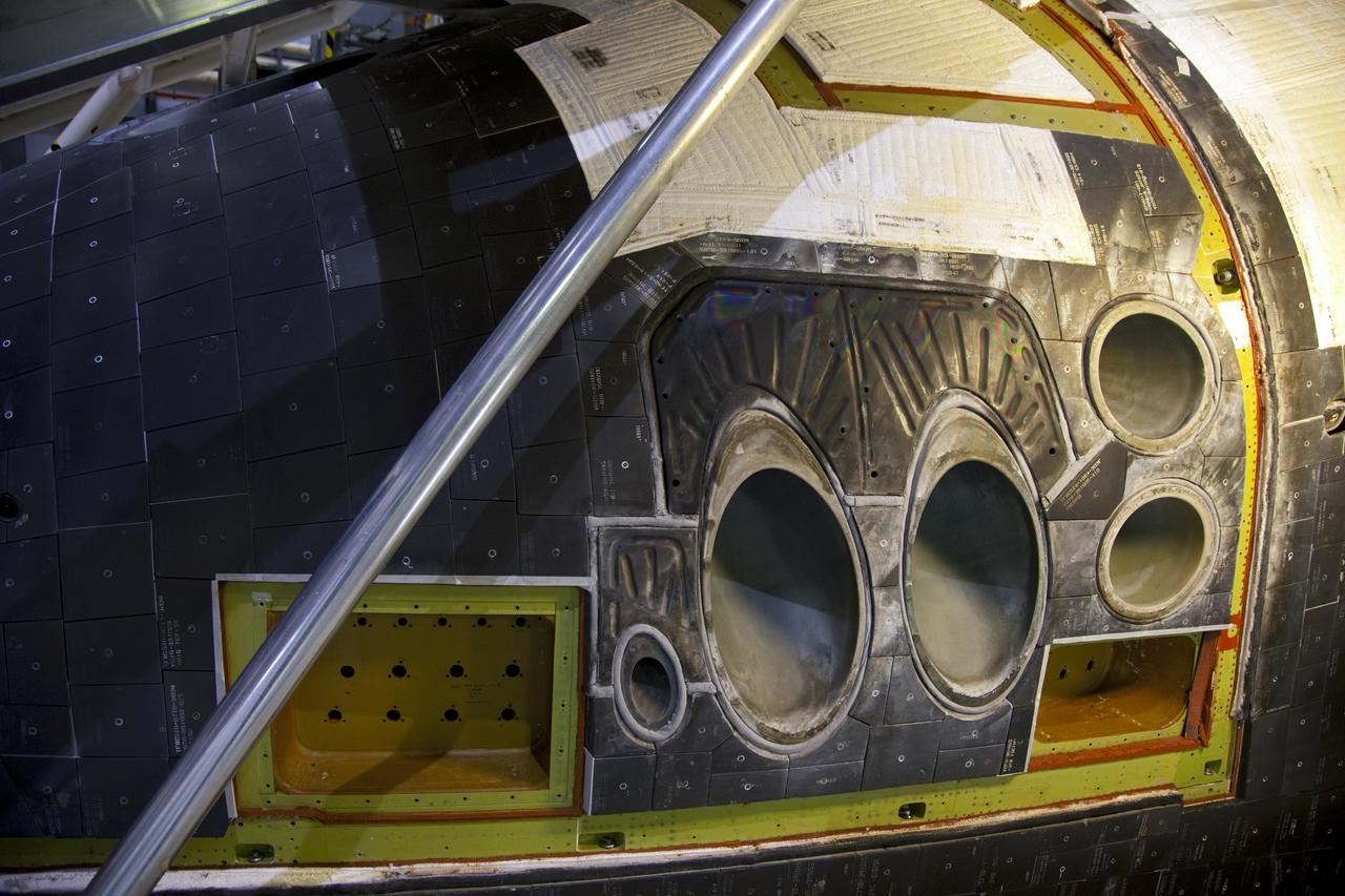 CAPE CANAVERAL, Fla. – In Orbiter Processing Facility-2 at NASA’s Kennedy Space Center in Florida, preparations are under way to begin bonding and sealing the tiles around the access panels to space shuttle Endeavour’s forward reaction control system, or FRCS. The FRCS helped a shuttle maneuver while in orbit. Endeavour’s FRCS was removed and sent to White Sands Test Facility in New Mexico to be cleaned of its toxic propellants and was reinstalled on the shuttle in February. Endeavour is being prepared for public display at the California Science Center in Los Angeles. Over the course of its 19-year career, Endeavour spent 299 days in space during 25 missions. For more information, visit http://www.nasa.gov/shuttle. Photo credit: NASA/Frankie Martin