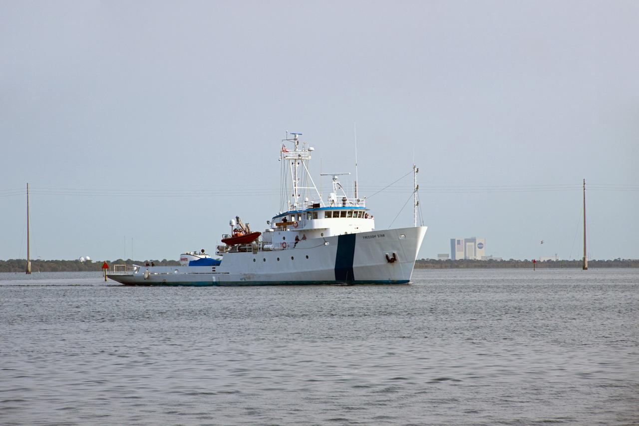 CAPE CANAVERAL, Fla. -- NASA’s Freedom Star boat sets out for a day of testing after departing from port near Cape Canaveral Air Force Station in Florida for the Atlantic Ocean with NASA’s Mobile Aerospace Reconnaissance System, or MARS, secured aboard.    MARS, run by NASA’s Langley Research Center in Hampton, Va., with its spatial, hyperspectral, thermal, and directed energy capabilities will be used for thermal imaging testing for the upcoming SpaceX Falcon 9 and Dragon capsule test flight to the International Space Station. During today’s test, the MARS X-band radar and kineto tracking mount KTM were tested to ensure that they were synchronized to receive a rocket launch feed. The radar was used to identify an object to see if the KTM could lock on to and track it. The MARS team performed maintenance on the system, confirmed communications links, and tested the design of the mounting system and environmental enclosure. Photo credit: NASA/Jim Grossmann