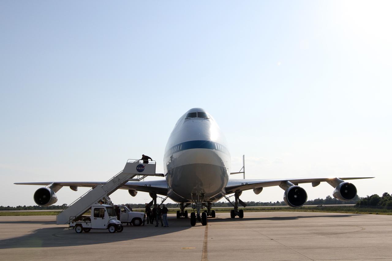 CAPE CANAVERAL, Fla. – Preparations are under way at the Shuttle Landing Facility at NASA’s Kennedy Space Center in Florida for the pilots of the newly arrived Shuttle Carrier Aircraft to disembark.    The aircraft, known as an SCA, arrived at 5:35 p.m. EDT to prepare for shuttle Discovery’s ferry flight to the Washington Dulles International Airport in Sterling, Va., on April 17. This SCA, designated NASA 905, is a modified Boeing 747 jet airliner, originally manufactured for commercial use. One of two SCAs employed over the course of the Space Shuttle Program, NASA 905 is assigned to the remaining ferry missions, delivering the shuttles to their permanent public display sites.  NASA 911 was decommissioned at the NASA Dryden Flight Research Center in California in February. Discovery will be placed on permanent public display in the Smithsonian's National Air and Space Museum Steven F. Udvar-Hazy Center in Chantilly, Va.  For more information on the SCA, visit http://www.nasa.gov/centers/dryden/news/FactSheets/FS-013-DFRC.html. For more information on shuttle transition and retirement activities, visit http://www.nasa.gov/shuttle. Photo credit: NASA/Kim Shiflett