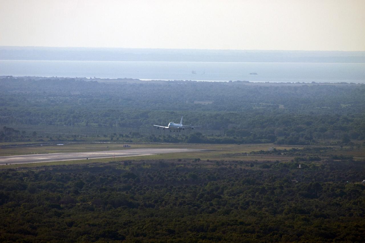 CAPE CANAVERAL, Fla. – The Shuttle Carrier Aircraft prepares to touch down on the runway at the Shuttle Landing Facility at NASA’s Kennedy Space Center in Florida.    The aircraft, known as an SCA, arrived at 5:35 p.m. EDT to prepare for shuttle Discovery’s ferry flight to the Washington Dulles International Airport in Sterling, Va., on April 17. This SCA, designated NASA 905, is a modified Boeing 747 jet airliner, originally manufactured for commercial use. One of two SCAs employed over the course of the Space Shuttle Program, NASA 905 is assigned to the remaining ferry missions, delivering the shuttles to their permanent public display sites.  NASA 911 was decommissioned at the NASA Dryden Flight Research Center in California in February. Discovery will be placed on permanent public display in the Smithsonian's National Air and Space Museum Steven F. Udvar-Hazy Center in Chantilly, Va.  For more information on the SCA, visit http://www.nasa.gov/centers/dryden/news/FactSheets/FS-013-DFRC.html. For more information on shuttle transition and retirement activities, visit http://www.nasa.gov/shuttle. Photo credit: NASA/Jim Grossmann
