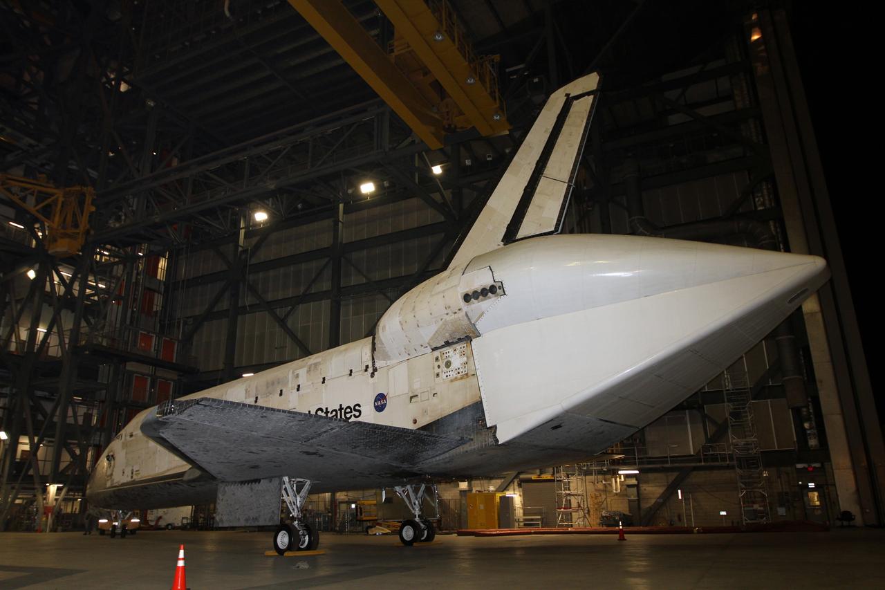 CAPE CANAVERAL, Fla. – Preparations to tow space shuttle Discovery from the Vehicle Assembly Building, or VAB, to the Shuttle Landing Facility, or SLF, are under way at NASA’s Kennedy Space Center in Florida. A tail cone has been installed over its three replica shuttle main engines to reduce aerodynamic drag and turbulence during its upcoming ferry flight. Discovery was in storage in the VAB’s high bay 4 awaiting departure from Kennedy’s Launch Complex 39 area for the final time. At the SLF, Discovery will be hoisted onto a Shuttle Carrier Aircraft, or SCA, with the aid of a mate-demate device. The SCA, a modified Boeing 747 jet airliner, is scheduled to transport Discovery to the Washington Dulles International Airport in Virginia on April 17, after which the shuttle will be placed on permanent public display in the Smithsonian's National Air and Space Museum Steven F. Udvar-Hazy Center. For more information on shuttle transition and retirement activities, visit http://www.nasa.gov/transition. Photo credit: NASA/Kim Shiflett