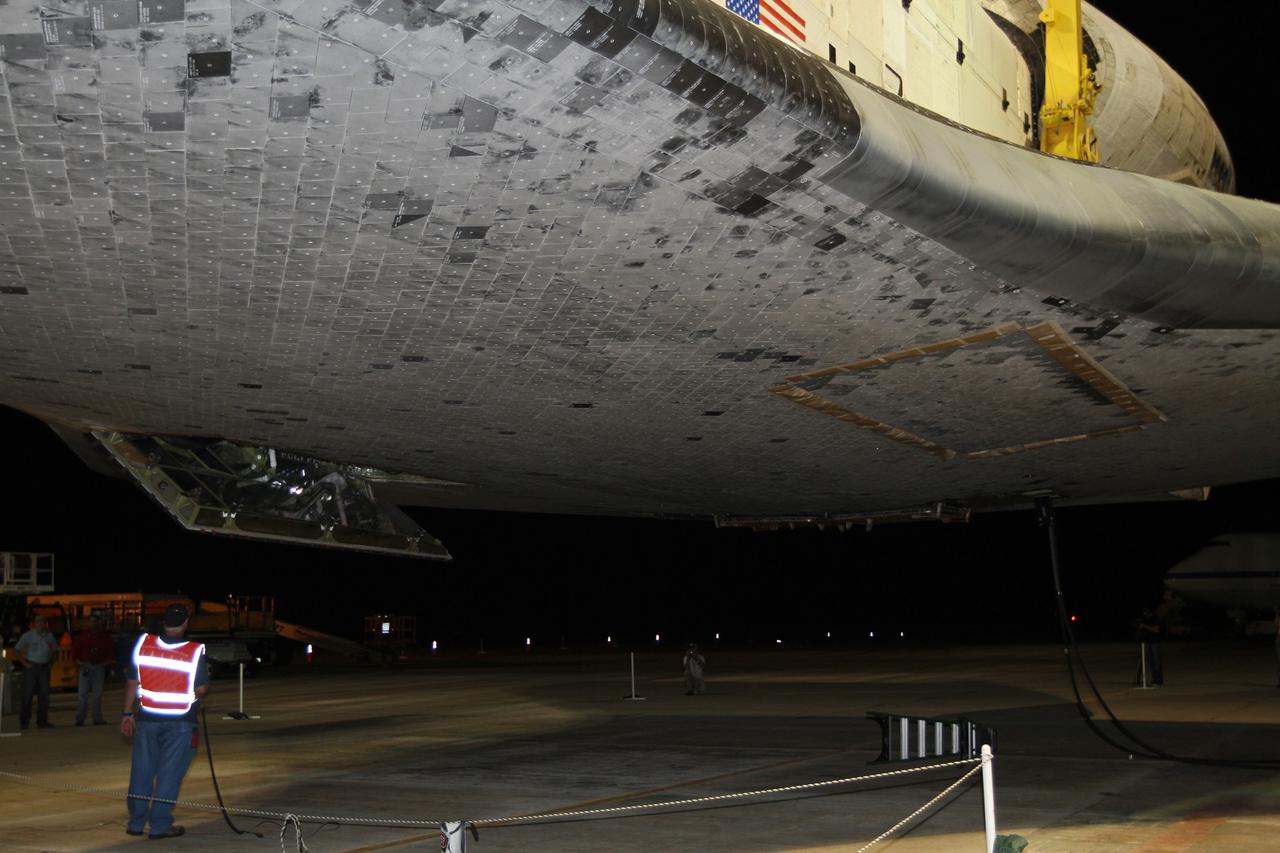 CAPE CANAVERAL, Fla. – At the Shuttle Landing Facility at NASA’s Kennedy Space Center in Florida, operations pick up where they left off Saturday when out-of-parameter winds required that work be suspended for the day. Space shuttle Discovery is being lifted into the mate-demate device for placement on top of a Shuttle Carrier Aircraft.    The device, known as the MDD, is a large gantry-like steel structure used to hoist a shuttle off the ground and position it onto the back of the aircraft, or SCA. The SCA is a Boeing 747 jet, originally manufactured for commercial use, which was modified by NASA to transport the shuttles between destinations on Earth. The SCA designated NASA 905 is assigned to the remaining ferry missions, delivering the shuttles to their permanent public display sites.  NASA 905 is scheduled to ferry Discovery to the Washington Dulles International Airport in Virginia on April 17, after which the shuttle will be placed on display in the Smithsonian's National Air and Space Museum Steven F. Udvar-Hazy Center. For more information on the SCA, visit http://www.nasa.gov/centers/dryden/news/FactSheets/FS-013-DFRC.html. For more information on shuttle transition and retirement activities, visit http://www.nasa.gov/transition. Photo credit: NASA/Kim Shiflett
