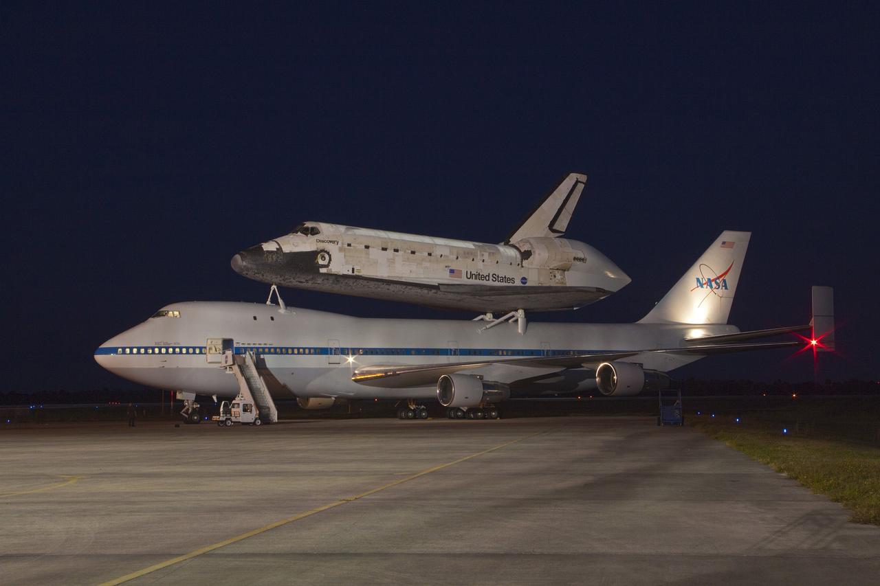 CAPE CANAVERAL, Fla. – The Shuttle Carrier Aircraft transporting space shuttle Discovery to its new home prepares to take off from the Shuttle Landing Facility at NASA’s Kennedy Space Center in Florida at about 7 a.m. EDT. The aircraft, known as an SCA, is a Boeing 747 jet, originally manufactured for commercial use, which was modified by NASA to transport the shuttles between destinations on Earth. This SCA, designated NASA 905, is assigned to the remaining ferry missions, delivering the shuttles to their permanent public display sites. NASA 905 is scheduled to ferry Discovery to the Washington Dulles International Airport in Virginia on April 17, after which the shuttle will be placed on display in the Smithsonian's National Air and Space Museum Steven F. Udvar-Hazy Center. For more information on the SCA, visit http://www.nasa.gov/centers/dryden/news/FactSheets/FS-013-DFRC.html. For more information on shuttle transition and retirement activities, visit http://www.nasa.gov/transition. Photo credit: NASA/Jim Grossmann