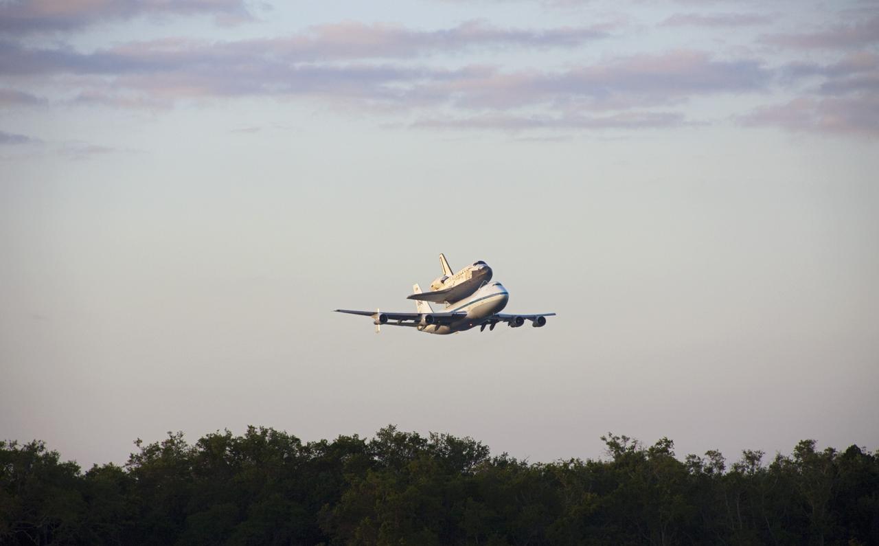 CAPE CANAVERAL, Fla. – Space shuttle Discovery, mounted to a Shuttle Carrier Aircraft, rises just after 7 a.m. EDT from the Shuttle Landing Facility at NASA's Kennedy Space Center in Florida. The duo is beginning their 3 1/2 hour ferry flight to the Washington Dulles International Airport in Virginia. Discovery is leaving Kennedy after more than 28 years of service beginning with its arrival on the space coast Nov. 9, 1983. Discovery first launched to space Aug. 30, 1984, on the STS-41D mission. Discovery is the agency's most-flown shuttle with 39 missions, more than 148 million miles and a total of one year in space. Discovery is set to move to the Smithsonian's National Air and Space Museum Steven F. Udvar-Hazy Center on April 19 where it will be placed on public display. For more information on the SCA, visit http://www.nasa.gov/centers/dryden/news/FactSheets/FS-013-DFRC.html. For more information on shuttle transition and retirement activities, visit http://www.nasa.gov/transition. Photo credit: NASA/Jim Grossmann