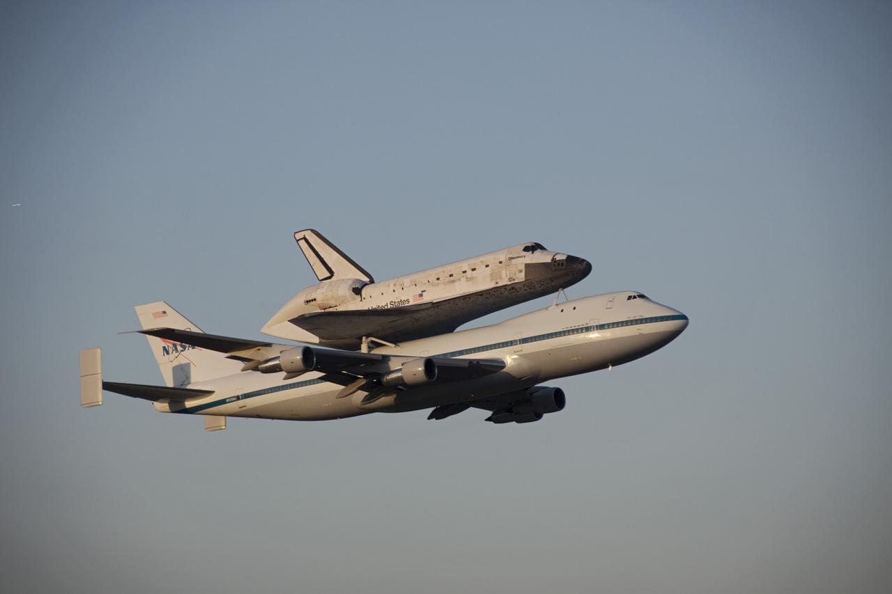CAPE CANAVERAL, Fla. – Space shuttle Discovery, mounted to a Shuttle Carrier Aircraft, takes off from the Shuttle Landing Facility at NASA's Kennedy Space Center in Florida. The duo is beginning their 3 1/2 hour ferry flight to the Washington Dulles International Airport in Virginia. Discovery is leaving Kennedy after more than 28 years of service beginning with its arrival on the space coast Nov. 9, 1983. Discovery first launched to space Aug. 30, 1984, on the STS-41D mission. Discovery is the agency's most-flown shuttle with 39 missions, more than 148 million miles and a total of one year in space. Discovery is set to move to the Smithsonian's National Air and Space Museum Steven F. Udvar-Hazy Center on April 19 where it will be placed on public display. For more information on the SCA, visit http://www.nasa.gov/centers/dryden/news/FactSheets/FS-013-DFRC.html. For more information on shuttle transition and retirement activities, visit http://www.nasa.gov/transition. Photo credit: NASA/Jim Grossmann