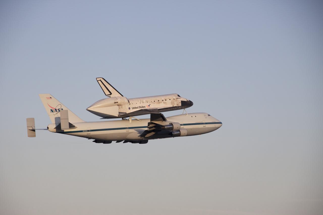 CAPE CANAVERAL, Fla. – Space shuttle Discovery, mounted to a Shuttle Carrier Aircraft, takes off from the Shuttle Landing Facility at NASA's Kennedy Space Center in Florida. The duo is beginning their 3 1/2 hour ferry flight to the Washington Dulles International Airport in Virginia. Discovery is leaving Kennedy after more than 28 years of service beginning with its arrival on the space coast Nov. 9, 1983. Discovery first launched to space Aug. 30, 1984, on the STS-41D mission. Discovery is the agency's most-flown shuttle with 39 missions, more than 148 million miles and a total of one year in space. Discovery is set to move to the Smithsonian's National Air and Space Museum Steven F. Udvar-Hazy Center on April 19 where it will be placed on public display. For more information on the SCA, visit http://www.nasa.gov/centers/dryden/news/FactSheets/FS-013-DFRC.html. For more information on shuttle transition and retirement activities, visit http://www.nasa.gov/transition. Photo credit: NASA/Jim Grossmann