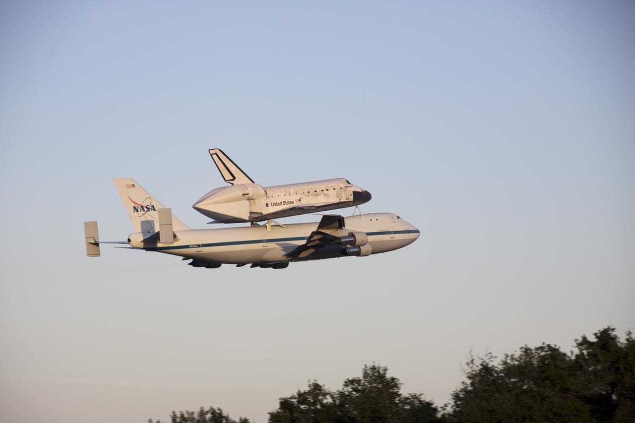 CAPE CANAVERAL, Fla. – Space shuttle Discovery, mounted to a Shuttle Carrier Aircraft, takes off from the Shuttle Landing Facility at NASA's Kennedy Space Center in Florida. The duo is beginning their 3 1/2 hour ferry flight to the Washington Dulles International Airport in Virginia. Discovery is leaving Kennedy after more than 28 years of service beginning with its arrival on the space coast Nov. 9, 1983. Discovery first launched to space Aug. 30, 1984, on the STS-41D mission. Discovery is the agency's most-flown shuttle with 39 missions, more than 148 million miles and a total of one year in space. Discovery is set to move to the Smithsonian's National Air and Space Museum Steven F. Udvar-Hazy Center on April 19 where it will be placed on public display. For more information on the SCA, visit http://www.nasa.gov/centers/dryden/news/FactSheets/FS-013-DFRC.html. For more information on shuttle transition and retirement activities, visit http://www.nasa.gov/transition. Photo credit: NASA/Jim Grossmann