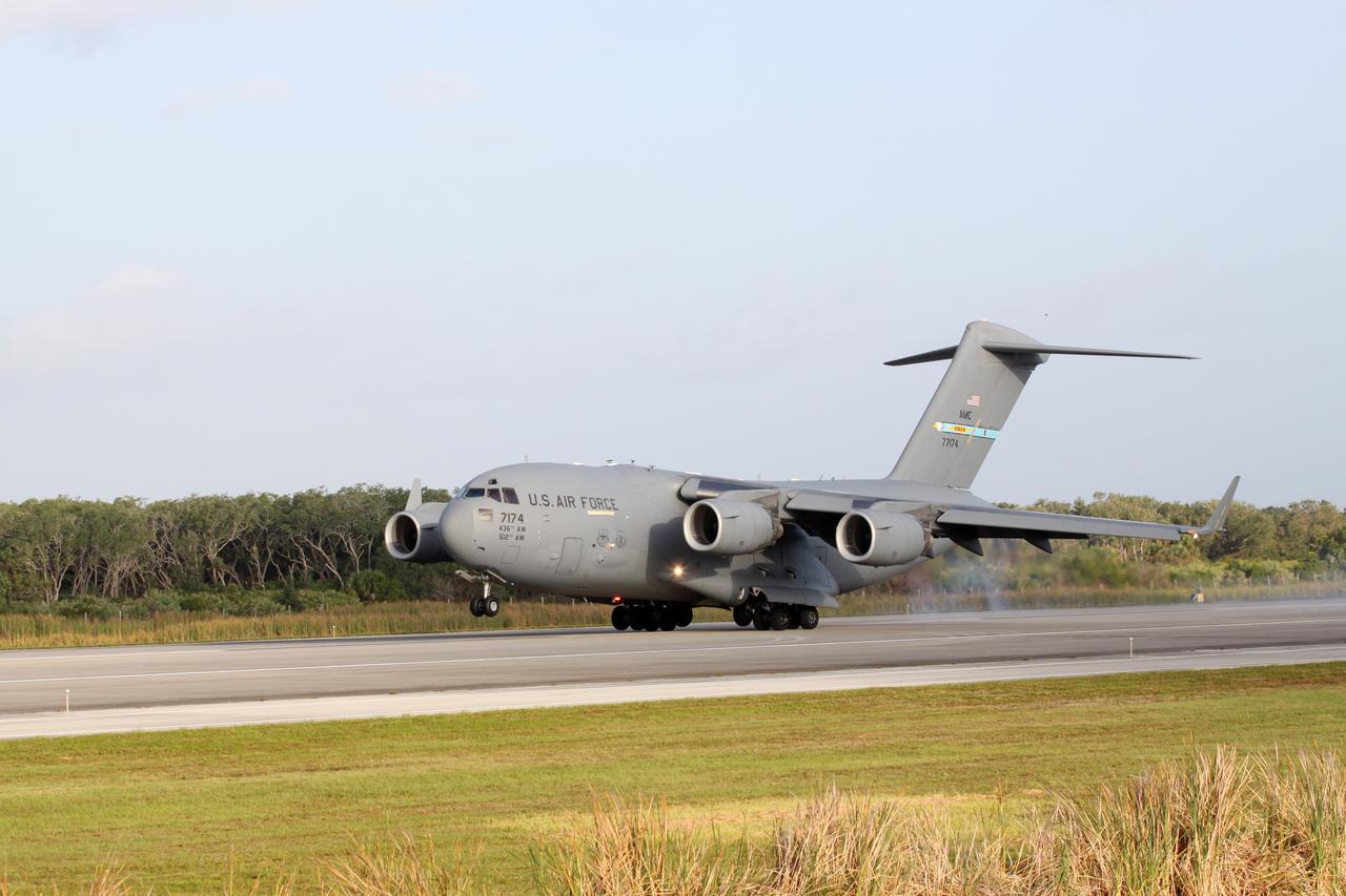 CAPE CANAVERAL, Fla. – A U.S. Air Force C-17 cargo aircraft touches down at the Shuttle Landing Facility at NASA’s Kennedy Space Center in Florida. Aboard are NASA's twin Radiation Belt Storm Probes. The RBSP mission will help us understand the sun’s influence on Earth and near-Earth space by studying the Earth’s radiation belts on various scales of space and time. The RBSP instruments will provide the measurements needed to characterize and quantify the plasma processes that produce very energetic ions and relativistic electrons. The mission is part of NASA’s broader Living With a Star Program that was conceived to explore fundamental processes that operate throughout the solar system, and in particular those that generate hazardous space weather effects in the vicinity of Earth and phenomena that could impact solar system exploration. RBSP is scheduled to begin its mission of exploration of Earth's Van Allen Radiation Belts and the extremes of space weather after launch. Launch aboard a United Launch Alliance Atlas V rocket is scheduled for August 23. For more information, visit http://www.nasa.gov/rbsp. Photo credit: NASA/Kim Shiflett