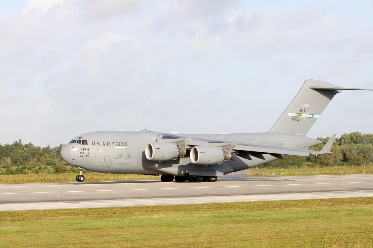 CAPE CANAVERAL, Fla. – A U.S. Air Force C-17 cargo aircraft lands at the Shuttle Landing Facility at NASA’s Kennedy Space Center in Florida. Aboard are NASA's twin Radiation Belt Storm Probes. The RBSP mission will help us understand the sun’s influence on Earth and near-Earth space by studying the Earth’s radiation belts on various scales of space and time. The RBSP instruments will provide the measurements needed to characterize and quantify the plasma processes that produce very energetic ions and relativistic electrons. The mission is part of NASA’s broader Living With a Star Program that was conceived to explore fundamental processes that operate throughout the solar system, and in particular those that generate hazardous space weather effects in the vicinity of Earth and phenomena that could impact solar system exploration. RBSP is scheduled to begin its mission of exploration of Earth's Van Allen Radiation Belts and the extremes of space weather after launch. Launch aboard a United Launch Alliance Atlas V rocket is scheduled for August 23. For more information, visit http://www.nasa.gov/rbsp. Photo credit: NASA/Kim Shiflett