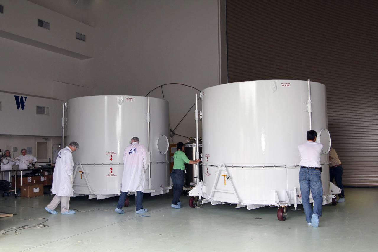 CAPE CANAVERAL, Fla. – NASA's twin Radiation Belt Storm Probes, enclosed in protective shipping containers, have arrived in the airlock of the Astrotech payload processing facility near NASA’s Kennedy Space Center in Florida where Applied Physics Laboratory technicians will begin spacecraft testing and prelaunch preparations.  The spacecraft were delivered to Kennedy’s Shuttle Landing Facility in the cargo bay of a U.S. Air Force C-17 aircraft earlier in the day.          The RBSP mission will help us understand the sun’s influence on Earth and near-Earth space by studying the Earth’s radiation belts on various scales of space and time. The RBSP instruments will provide the measurements needed to characterize and quantify the plasma processes that produce very energetic ions and relativistic electrons. The mission is part of NASA’s broader Living With a Star Program that was conceived to explore fundamental processes that operate throughout the solar system, and in particular those that generate hazardous space weather effects in the vicinity of Earth and phenomena that could impact solar system exploration. RBSP is scheduled to begin its mission of exploration of Earth's Van Allen Radiation Belts and the extremes of space weather after launch. Launch aboard a United Launch Alliance Atlas V rocket is scheduled for August 23.  For more information, visit http://www.nasa.gov/rbsp.  Photo credit: NASA/Kim Shiflett
