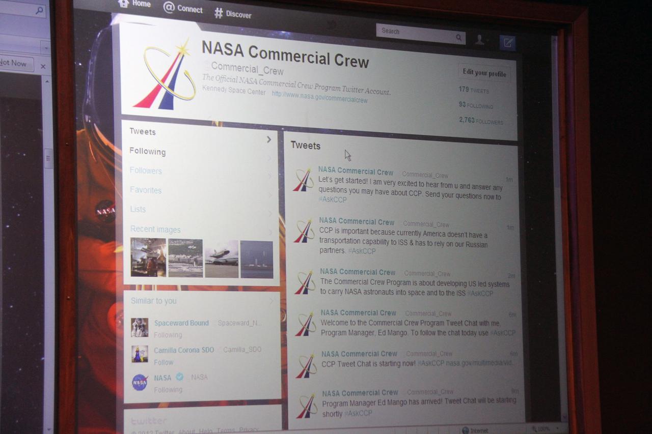 CAPE CANAVERAL, Fla. – The Twitter page of NASA’s Commercial Crew Program CCP buzzes with activity as program manager, Ed Mango, hosts a virtual conversation, called a Tweet Chat, with followers from around the world. Those who follow www.twitter.com/commercial_crew had an hour-long opportunity to ask Mango questions about NASA’s efforts to get astronauts to low Earth orbit and the International Space Station aboard American rockets and spacecraft. Mango stuck to the social networking service's 140 character limit and answered dozens of questions. The goal of CCP is to drive down the cost of space travel as well as open up space to more people than ever before by balancing industry’s own innovative capabilities with NASA's 50 years of human spaceflight experience. Seven aerospace companies are maturing launch vehicle and spacecraft designs under the program’s second round of development, called Commercial Crew Development Round 2 CCDev2), including Alliant Techsystems Inc. ATK, The Boeing Co., Excalibur Almaz Inc., Blue Origin, Sierra Nevada, Space Exploration Technologies SpaceX, and United Launch Alliance ULA. For more information, visit www.nasa.gov/commercialcrew. Image credit: NASA/Gianni Woods
