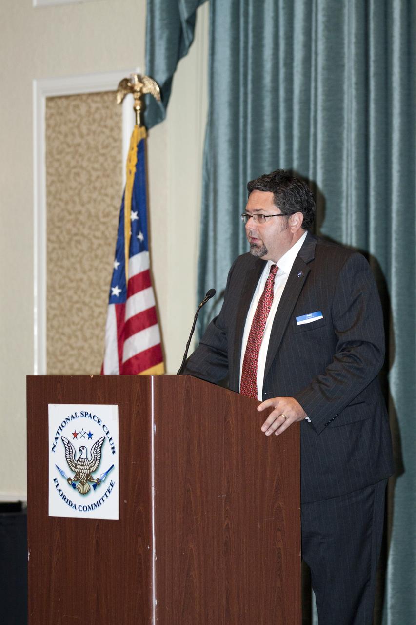 COCOA BEACH, Fla.. --Todd May, program manager of the Space Launch System, addresses the National Space Club's Florida Committee during the organization's monthly luncheon in Cocoa Beach, Fla. May, who works at NASA's Marshall Space Flight Center in Huntsville, Ala., discussed the status of the SLS program. Photo credit: NASA/Kim Shiflett