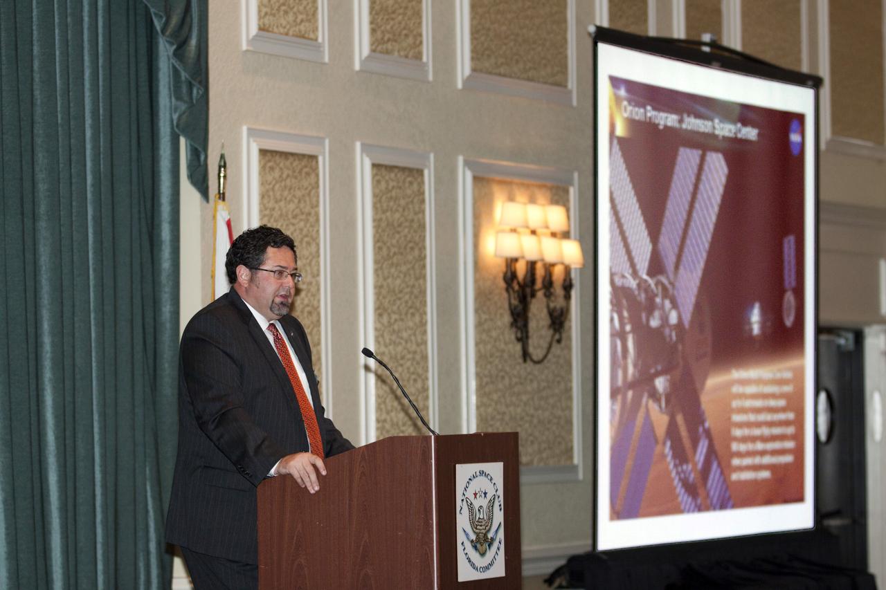 COCOA BEACH, Fla.. -- Todd May, program manager of the Space Launch System, addresses the National Space Club's Florida Committee during the organization's monthly luncheon in Cocoa Beach, Fla. May, who works at NASA's Marshall Space Flight Center in Huntsville, Ala., discussed the status of the SLS program. Photo credit: NASA/Kim Shiflett