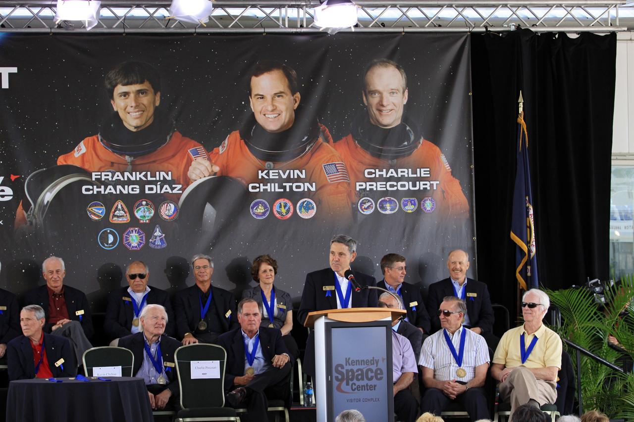 CAPE CANAVERAL, Fla. – At NASA’s Kennedy Space Center Visitor Complex in Florida, Kennedy Space Center Director and Hall of Famer Robert Cabana speaks during the U.S. Astronaut Hall of Fame induction ceremony. Behind and to the right of Cabana is Apollo astronaut Walt Cunningham, and directly to the left is STS-1 shuttle pilot Bob Crippen, both Hall of Famers. Space shuttle astronauts Franklin Chang Diaz, Kevin Chilton and Charlie Precourt were inducted into the Hall of Fame Class of 2012.    The year’s inductees were selected by a committee of current Hall of Fame astronauts, former NASA officials, historians and journalists. The selection process is administered by the Astronaut Scholarship Foundation. Photo credit: NASA/Jim Grossmann