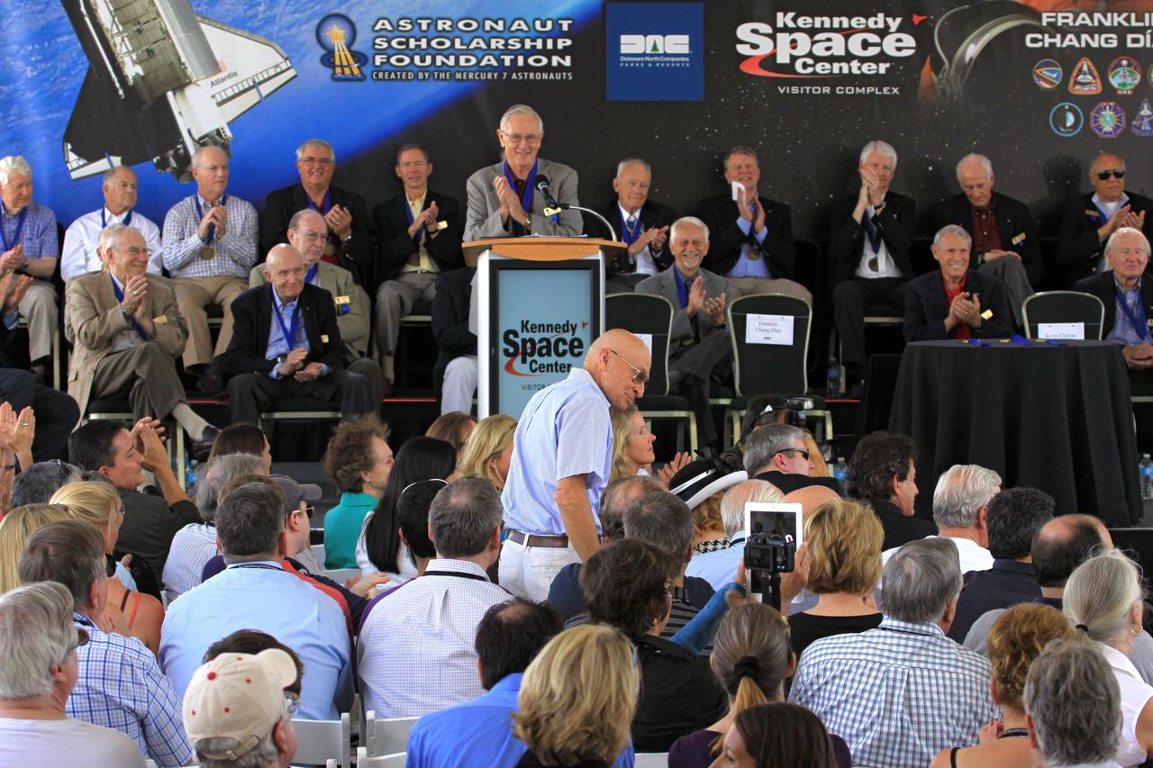 CAPE CANAVERAL, Fla. – At NASA’s Kennedy Space Center Visitor Complex in Florida, Astronaut Scholarship Foundation Chairman and Hall of Fame astronaut Charlie Duke spoke during the U.S. Astronaut Hall of Fame induction ceremony and recognized former shuttle launch director Bob Sieck. Space shuttle astronauts Franklin Chang Diaz, Kevin Chilton and Charlie Precourt were inducted into the Hall of Fame Class of 2012.    The year’s inductees were selected by a committee of current Hall of Fame astronauts, former NASA officials, historians and journalists. The selection process is administered by the Astronaut Scholarship Foundation. Photo credit: NASA/Jim Grossmann