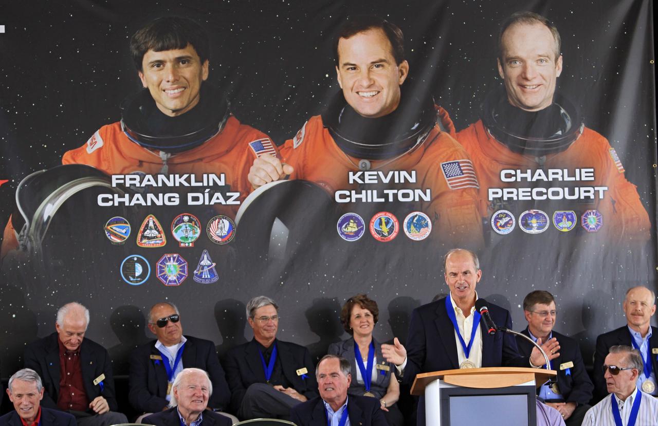 CAPE CANAVERAL, Fla. – At NASA’s Kennedy Space Center Visitor Complex in Florida, shuttle astronaut Kevin Chilton speaks after being inducted into the U.S. Astronaut Hall of Fame Class of 2012. Shuttle astronauts Franklin Chang Diaz and Charlie Precourt also were inducted into the Hall of Fame.    The year’s inductees were selected by a committee of current Hall of Fame astronauts, former NASA officials, historians and journalists. The selection process is administered by the Astronaut Scholarship Foundation. Photo credit: NASA/Jim Grossmann