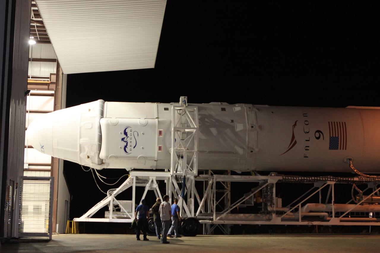 CAPE CANAVERAL, Fla. – The SpaceX Falcon 9 rocket begins its move from the processing facility to the pad at Space Launch Complex-40 on Cape Canaveral Air Force Station in Florida.    Liftoff with the SpaceX Dragon capsule aboard is set for 4:55 a.m. EDT on May 19. The launch will be the company's second demonstration test flight for NASA's Commercial Orbital Transportation Services Program, or COTS. During the flight, the capsule will conduct a series of check-out procedures to test and prove its systems, including rendezvous and berthing with the International Space Station. If the capsule performs as planned, the cargo and experiments it is carrying will be transferred to the station. The cargo includes food, water and provisions for the station’s Expedition crews, such as clothing, batteries and computer equipment. Under COTS, NASA has partnered with two aerospace companies to deliver cargo to the station. For more information, visit http://www.nasa.gov/spacex.  Photo credit: NASA/Jim Grossmann