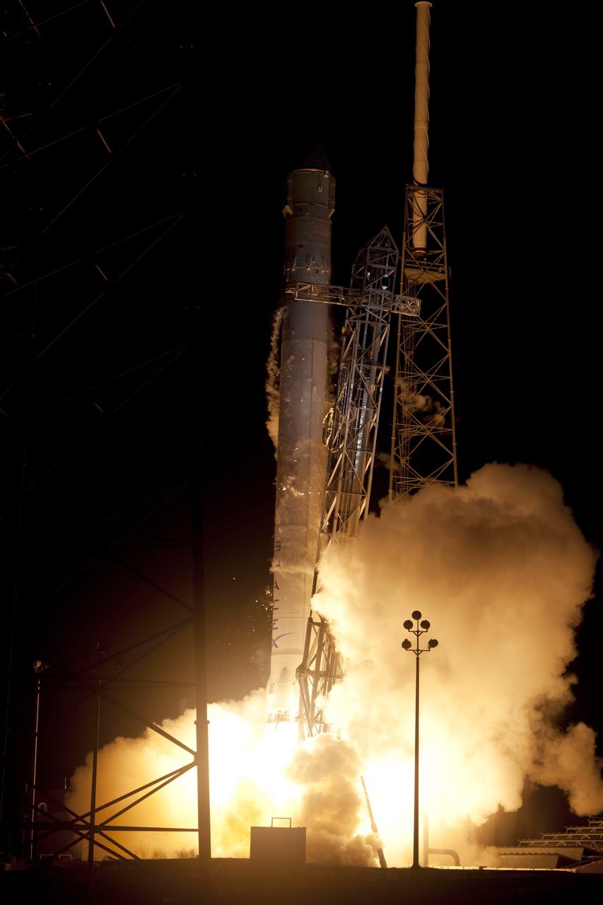 CAPE CANAVERAL, Fla. – The nine Merlin engines beneath the SpaceX Falcon 9 rocket roar to life at 3:44 a.m. EDT at Space Launch Complex-40 on Cape Canaveral Air Force Station in Florida.    The launch is the company's second demonstration test flight for NASA's Commercial Orbital Transportation Services, or COTS, Program. During the flight, the Dragon capsule will conduct a series of check-out procedures to test and prove its systems, including rendezvous and berthing with the International Space Station.  If the capsule performs as planned, the cargo and experiments it is carrying will be transferred to the station. The cargo includes food, water and provisions for the station’s Expedition crews, such as clothing, batteries and computer equipment. Under COTS, NASA has partnered with two aerospace companies to deliver cargo to the station. For more information, visit http://www.nasa.gov/spacex.  Photo credit: NASA/Rusty Backer