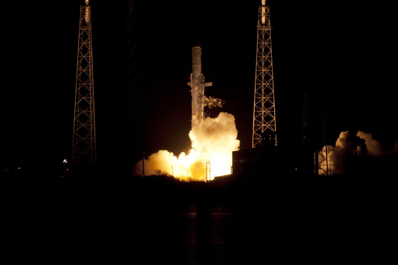 CAPE CANAVERAL, Fla. – The nine Merlin engines beneath the SpaceX Falcon 9 rocket roar to life at 3:44 a.m. EDT at Space Launch Complex-40 on Cape Canaveral Air Force Station in Florida.    The launch is the company's second demonstration test flight for NASA's Commercial Orbital Transportation Services, or COTS, Program. During the flight, the Dragon capsule will conduct a series of check-out procedures to test and prove its systems, including rendezvous and berthing with the International Space Station.  If the capsule performs as planned, the cargo and experiments it is carrying will be transferred to the station. The cargo includes food, water and provisions for the station’s Expedition crews, such as clothing, batteries and computer equipment. Under COTS, NASA has partnered with two aerospace companies to deliver cargo to the station. For more information, visit http://www.nasa.gov/spacex.  Photo credit: NASA/Rick Wetherington, Tim Powers and Tim Terry